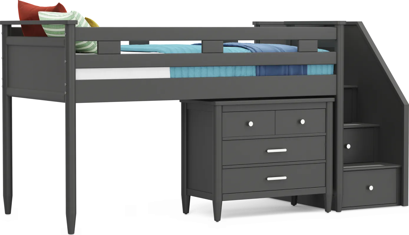 Kids Modern Colors Iron Ore Twin Step Loft with Loft Chest