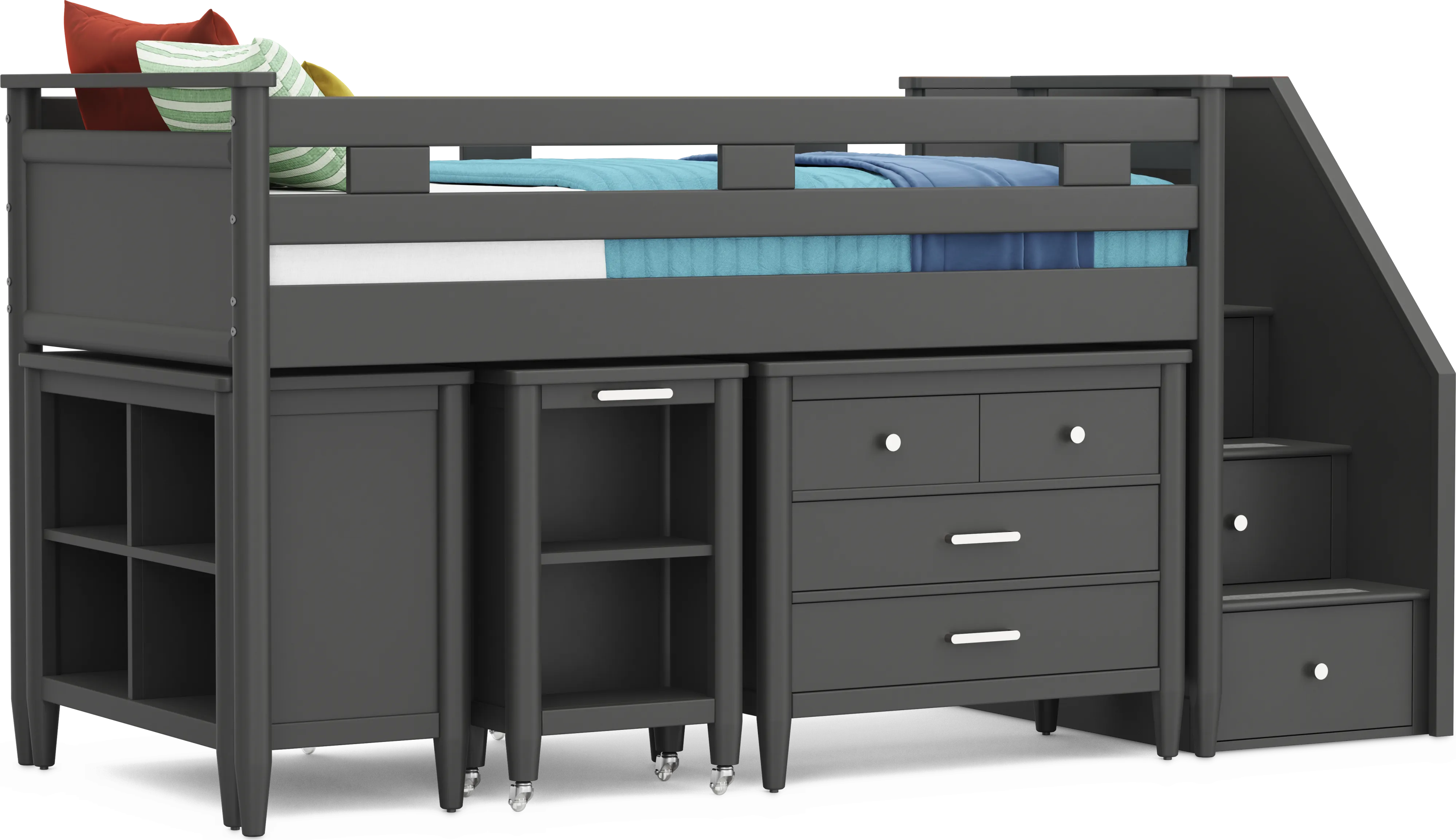 Kids Modern Colors Iron Ore Twin Step Loft with Loft Chest, Bookcase and Desk - Thumbnail - Image 1