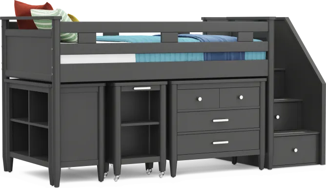 Kids Modern Colors Iron Ore Twin Step Loft with Loft Chest, Bookcase and Desk