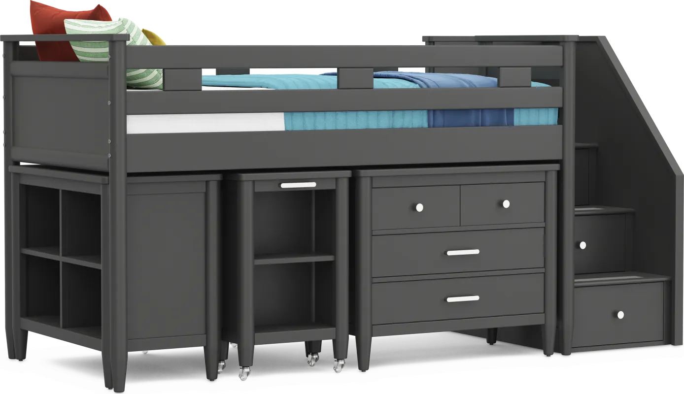 Kids Modern Colors Iron Ore Twin Step Loft with Loft Chest, Bookcase and Desk