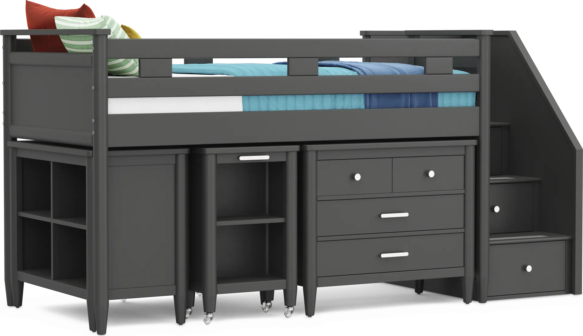 Kids Modern Colors Iron Ore Twin Step Loft with Loft Chest, Bookcase and Desk - Image 1