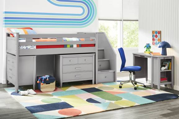 Kids Modern Colors Light Gray Twin Step Loft with Loft Chests