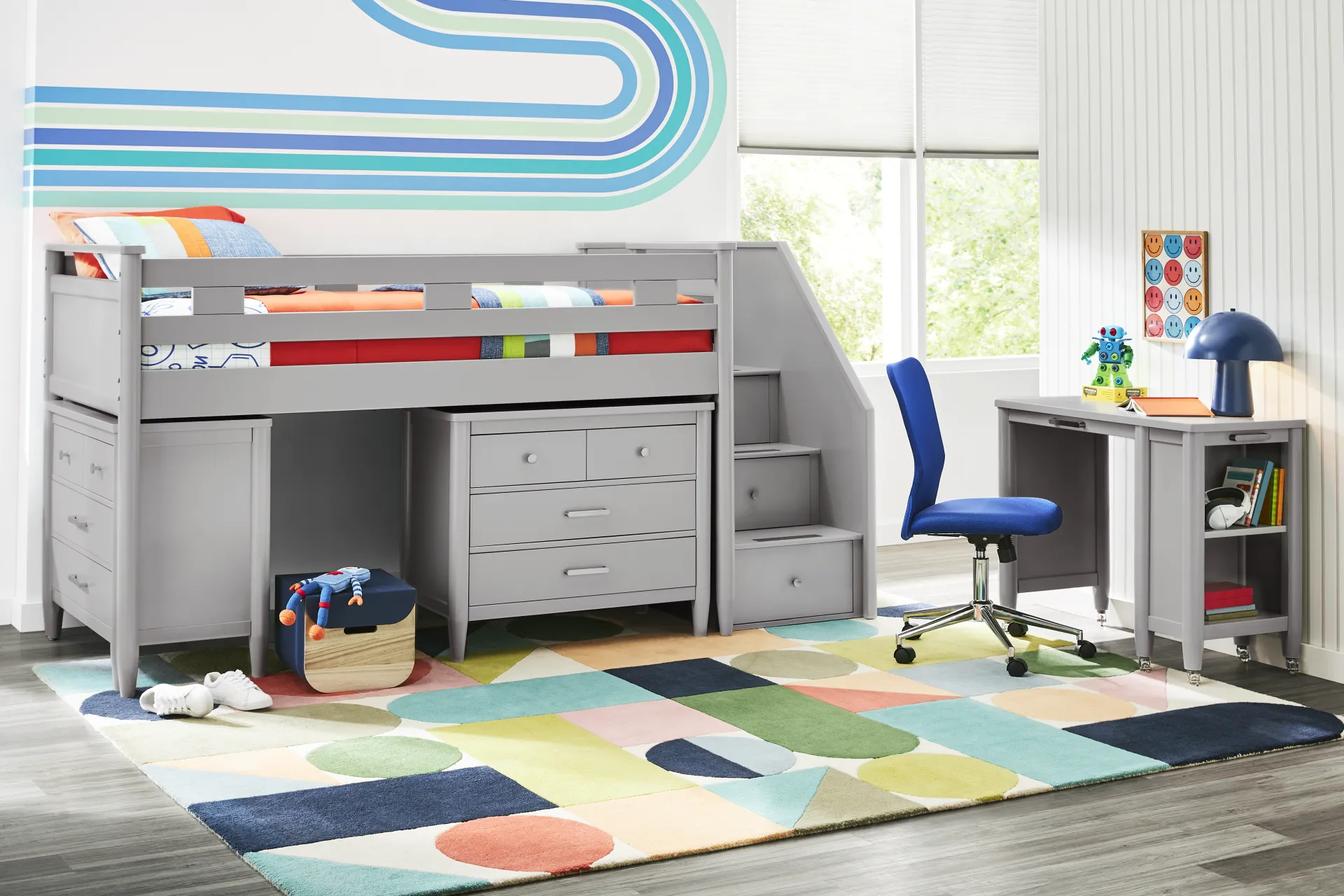 Kids Modern Colors Light Gray Twin Step Loft with Loft Chests - Image 1