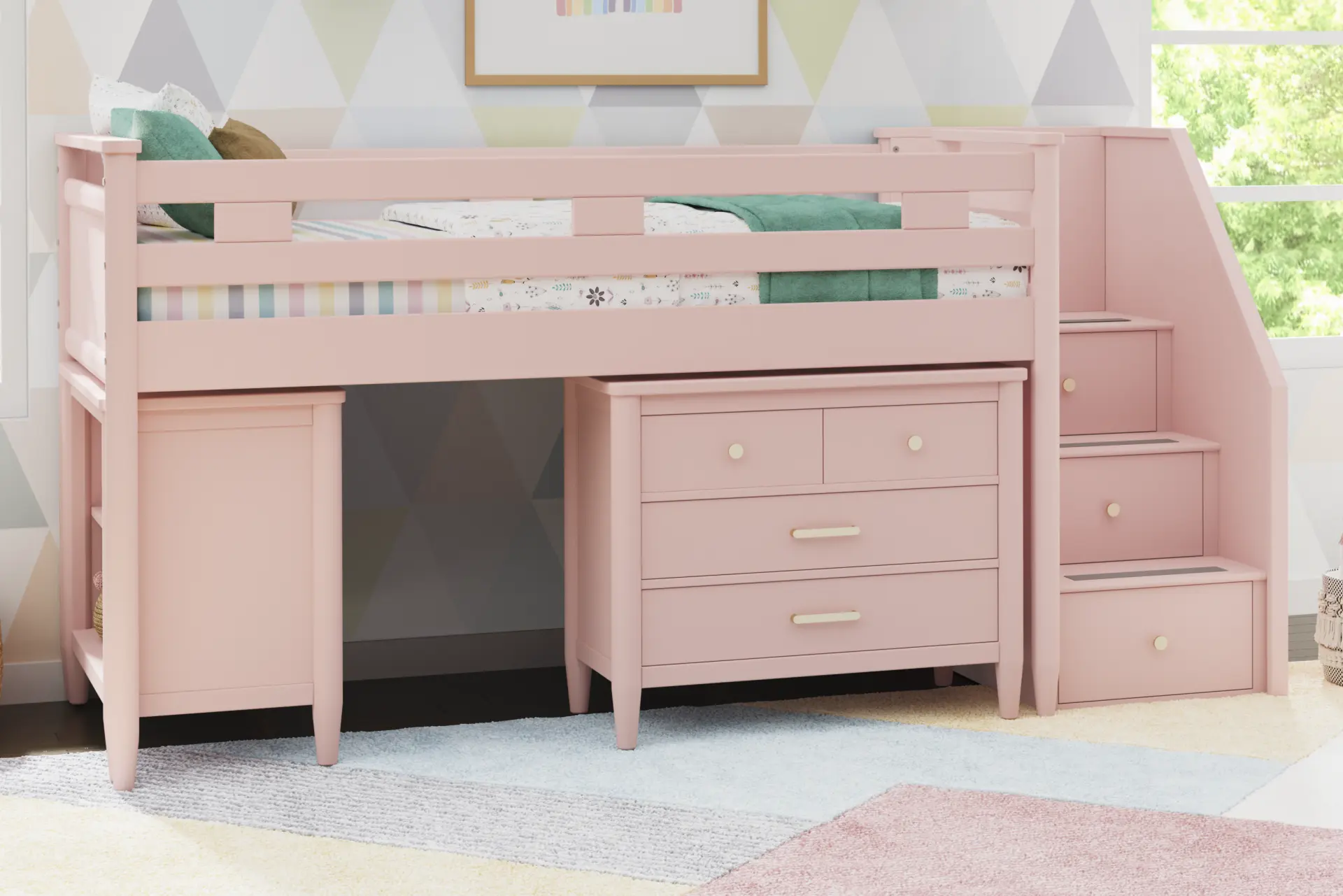 Kids Modern Colors Pink Full Step Loft with Loft Chest and Bookcase