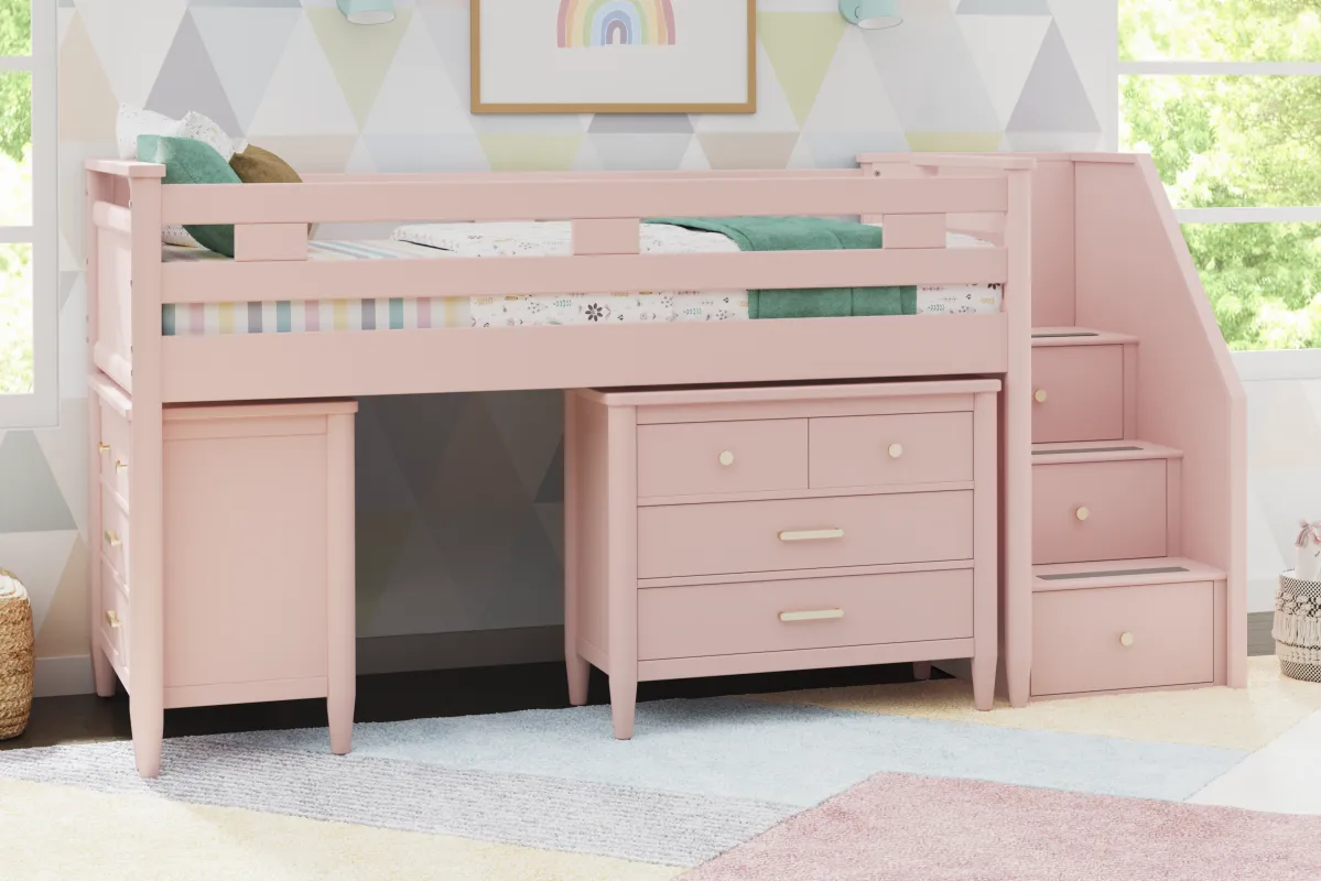 Kids Modern Colors Pink Twin Step Loft with Loft Chests