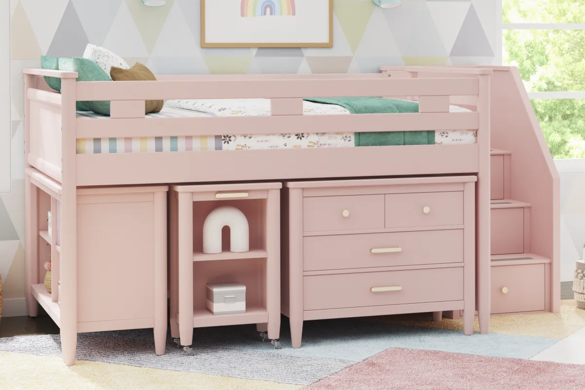 Kids Modern Colors Pink Twin Step Loft with Loft Chest, Bookcase and Desk