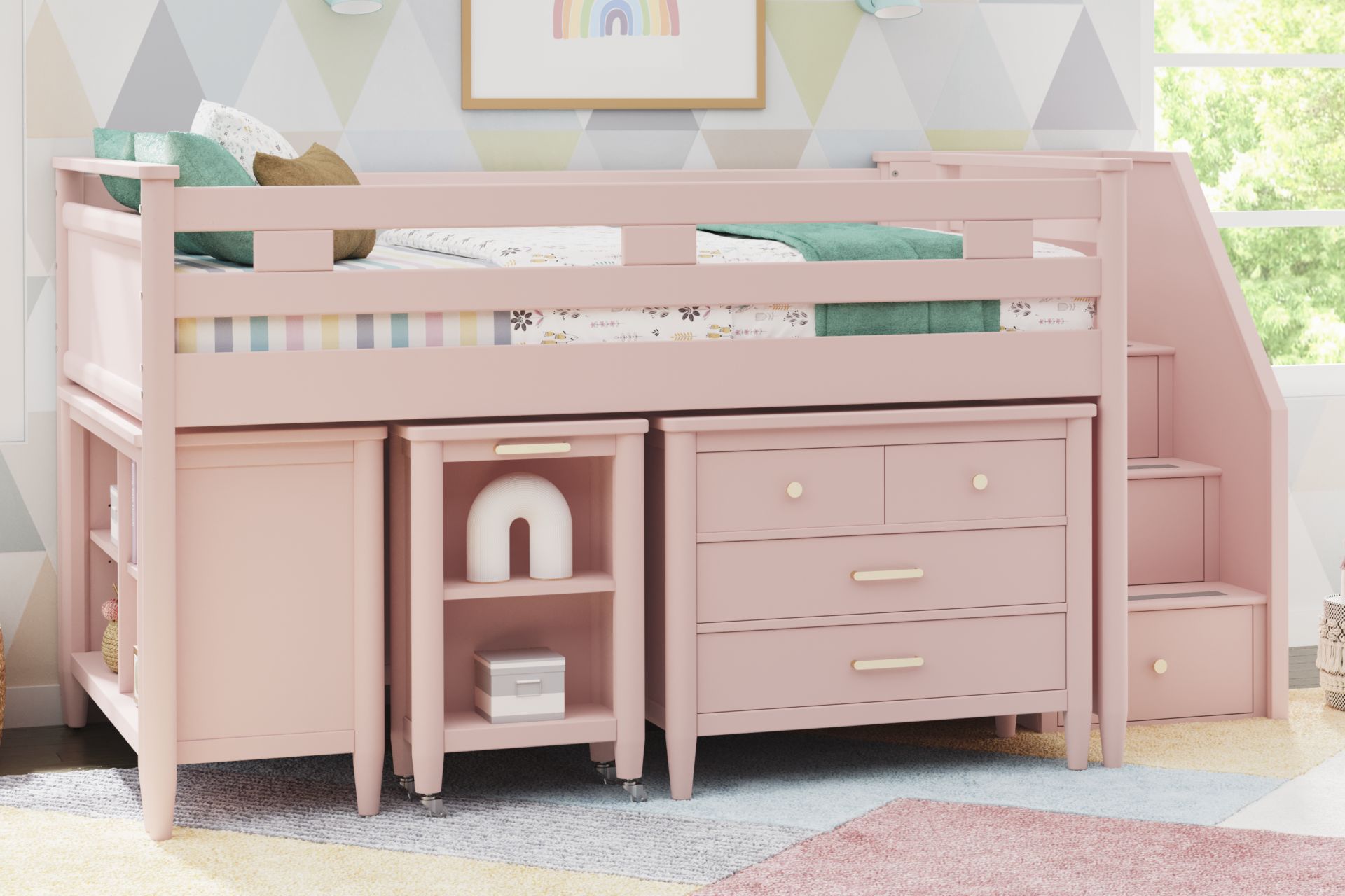 Kids Modern Colors Pink Full Step Loft with Loft Chest, Bookcase and Desk - Image 2