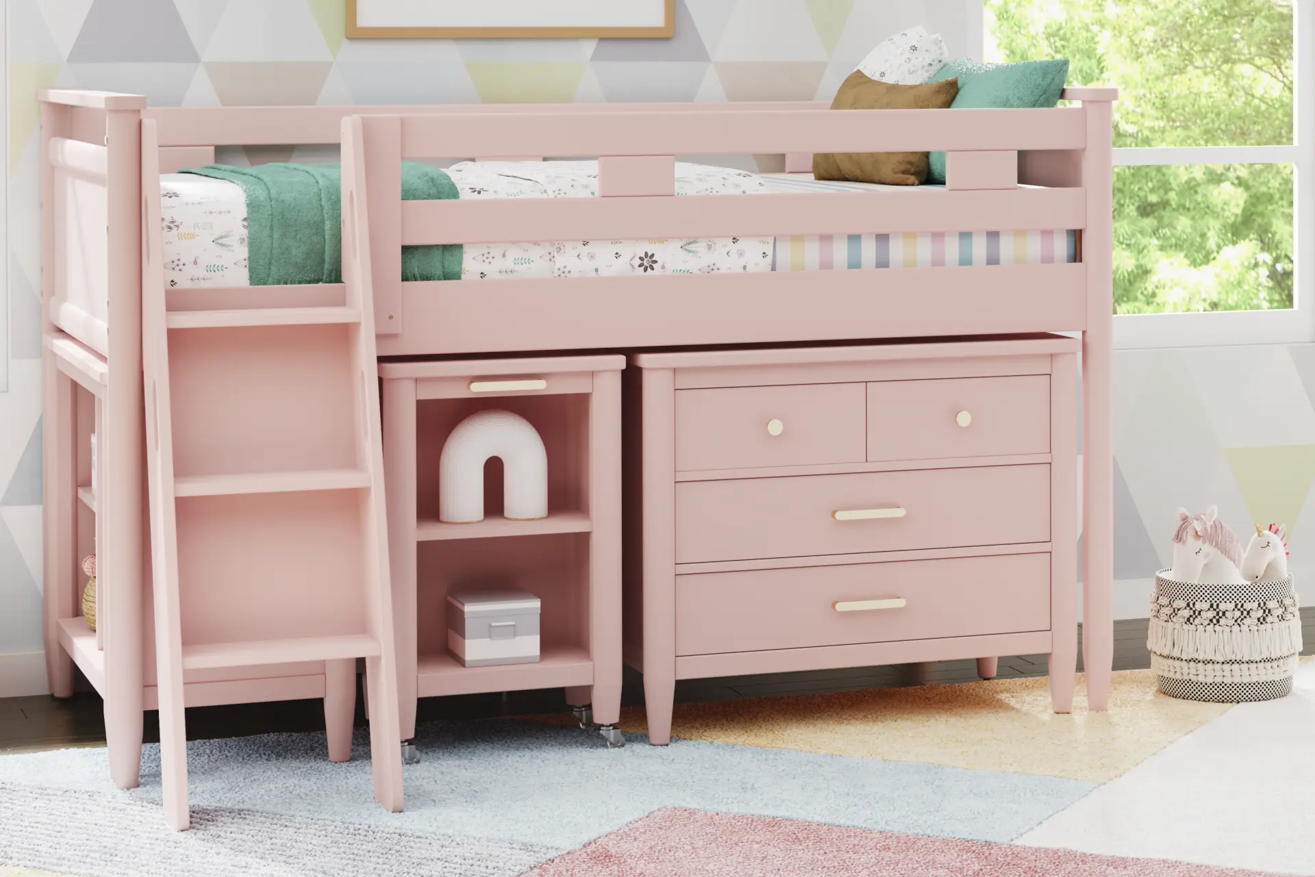 Kids Modern Colors Pink Twin Loft with Loft Chest, Bookcase and Desk