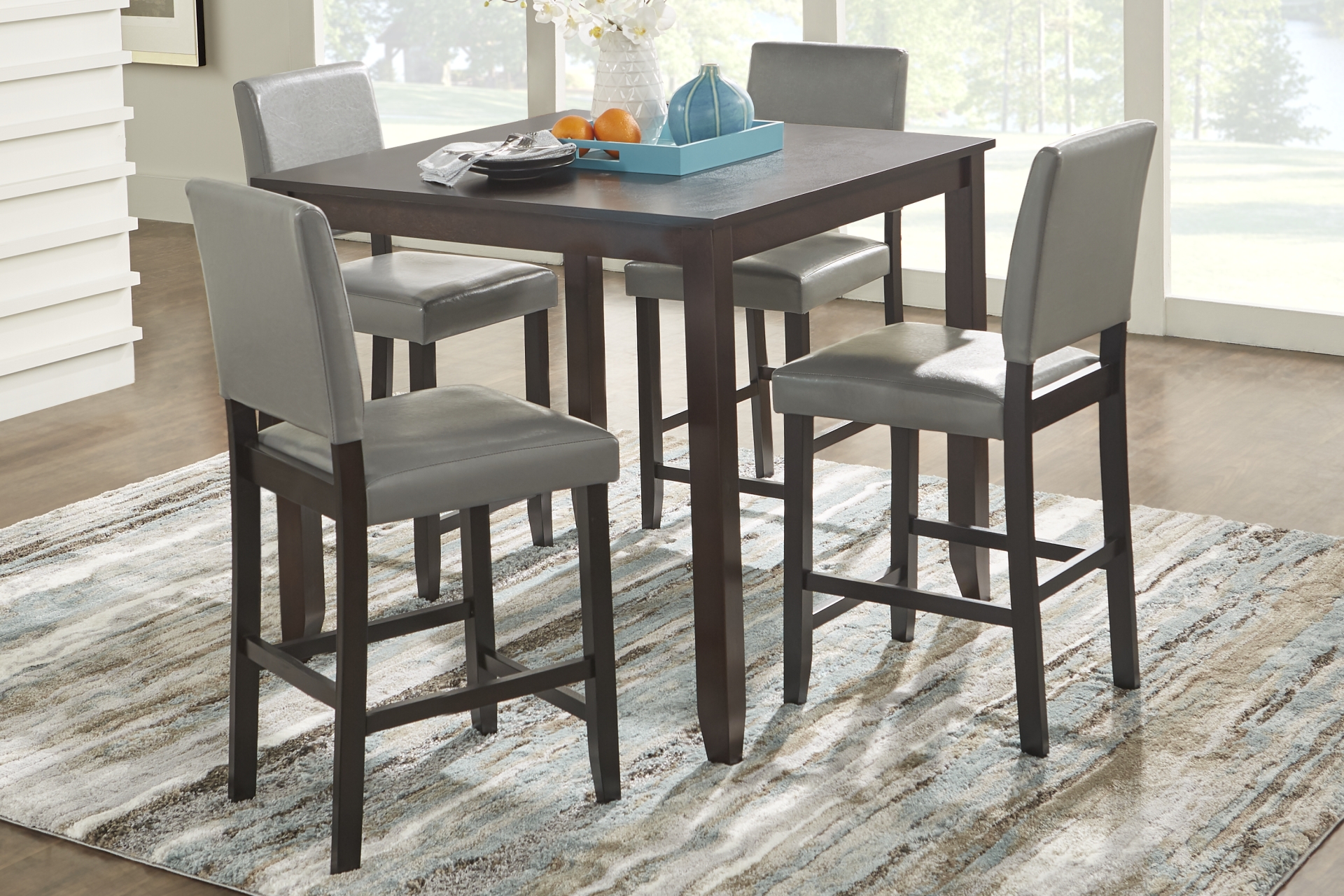 Sunset View Brown Cherry Finish 5 Pc Counter Height Dining Set with Gray Stools full room