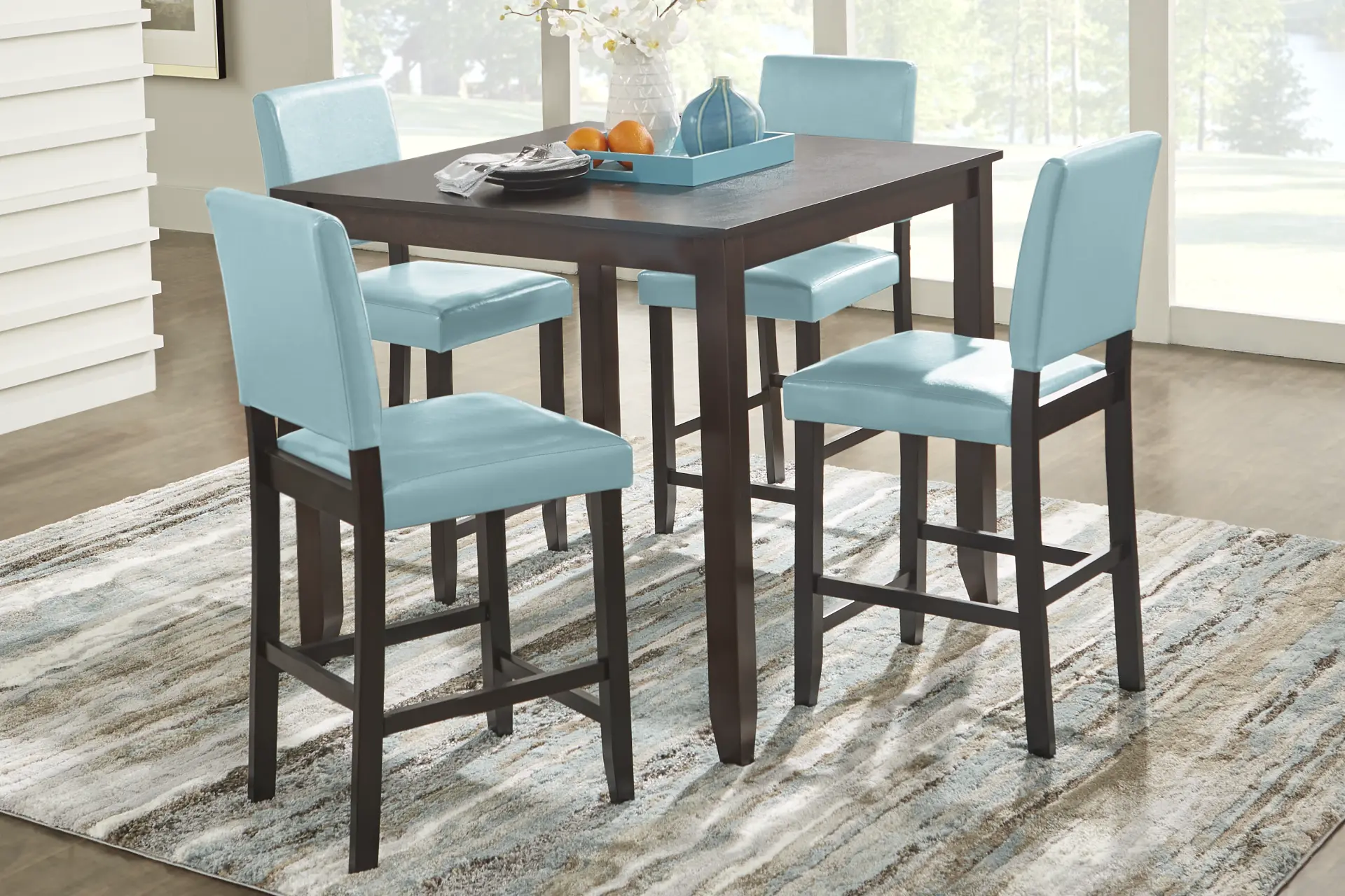 Sunset View Brown Cherry Finish 5 Pc Counter Height Dining Set with Blue Stools