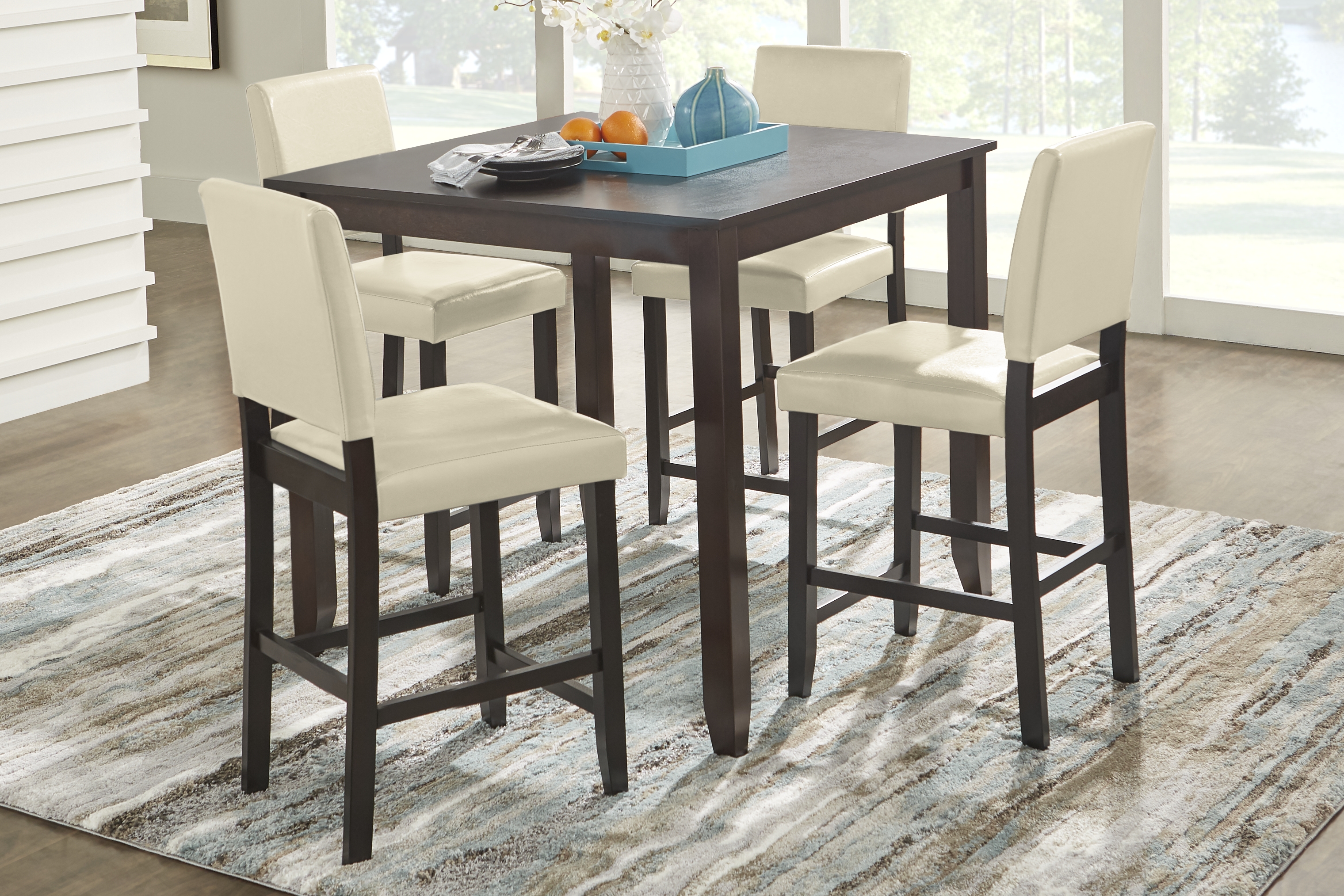 Sunset View Brown Cherry Finish 5 Pc Counter Height Dining Set with Cream Stools - Thumbnail - Image 1