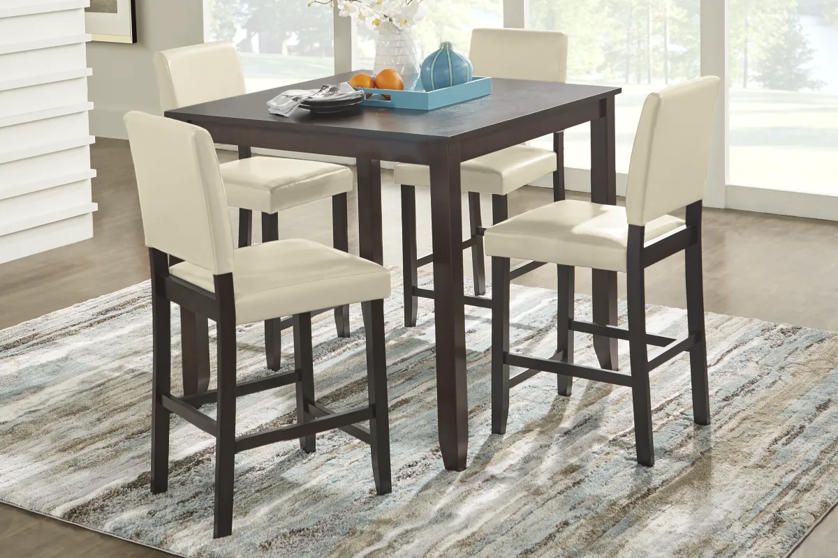 Sunset View Brown Cherry Finish 5 Pc Counter Height Dining Set with Cream Stools