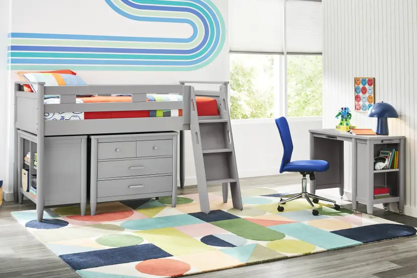 Kids Modern Colors Light Gray Twin Loft with Loft Chest, Bookcase and Desk