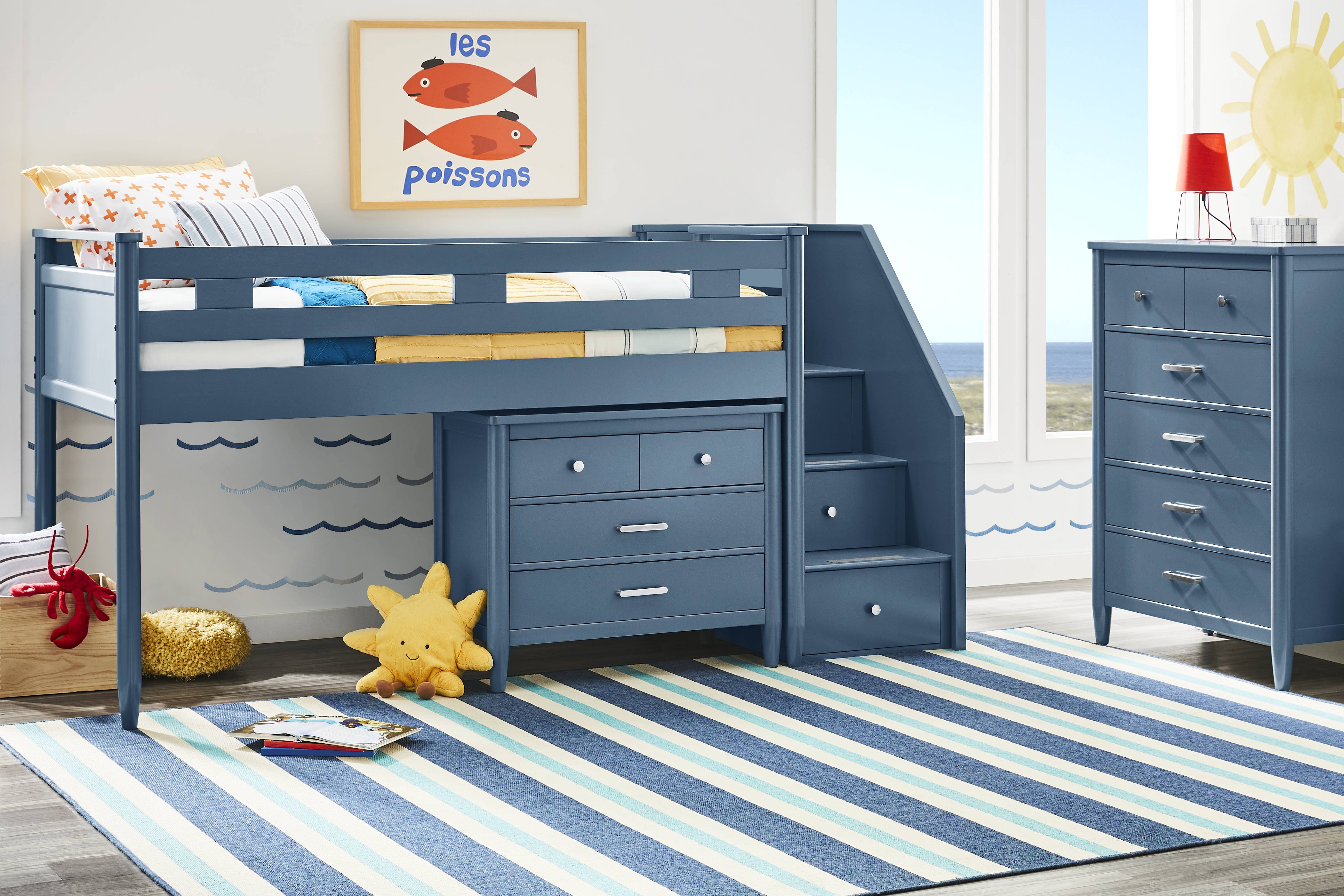 Kids Modern Colors Slate Blue Full Step Loft with Loft Chest