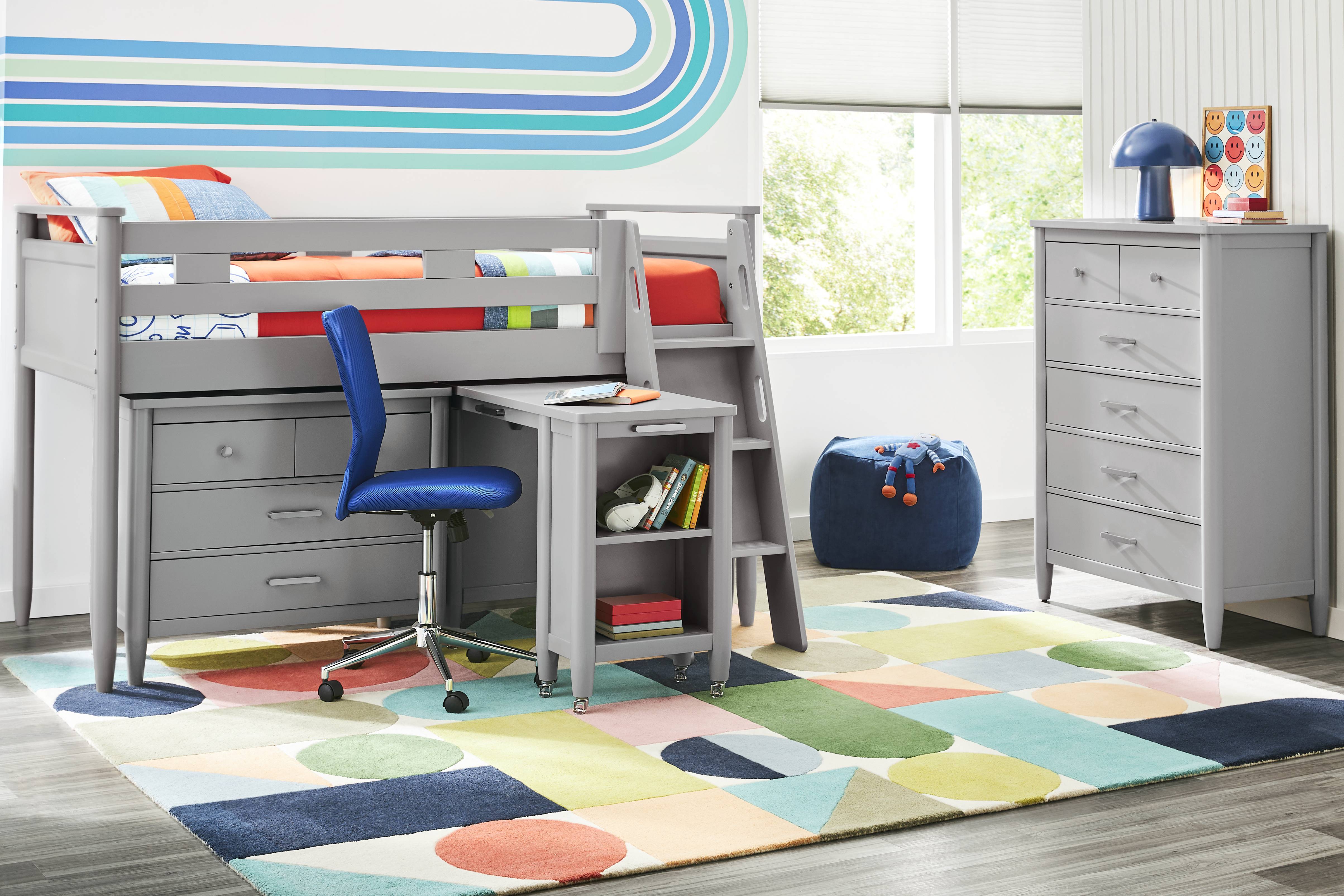 Kids Modern Colors Light Gray Twin Loft with Loft Chest, Bookcase and Desk