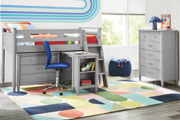 Kids Modern Colors Light Gray Twin Loft with Loft Chest, Bookcase and Desk