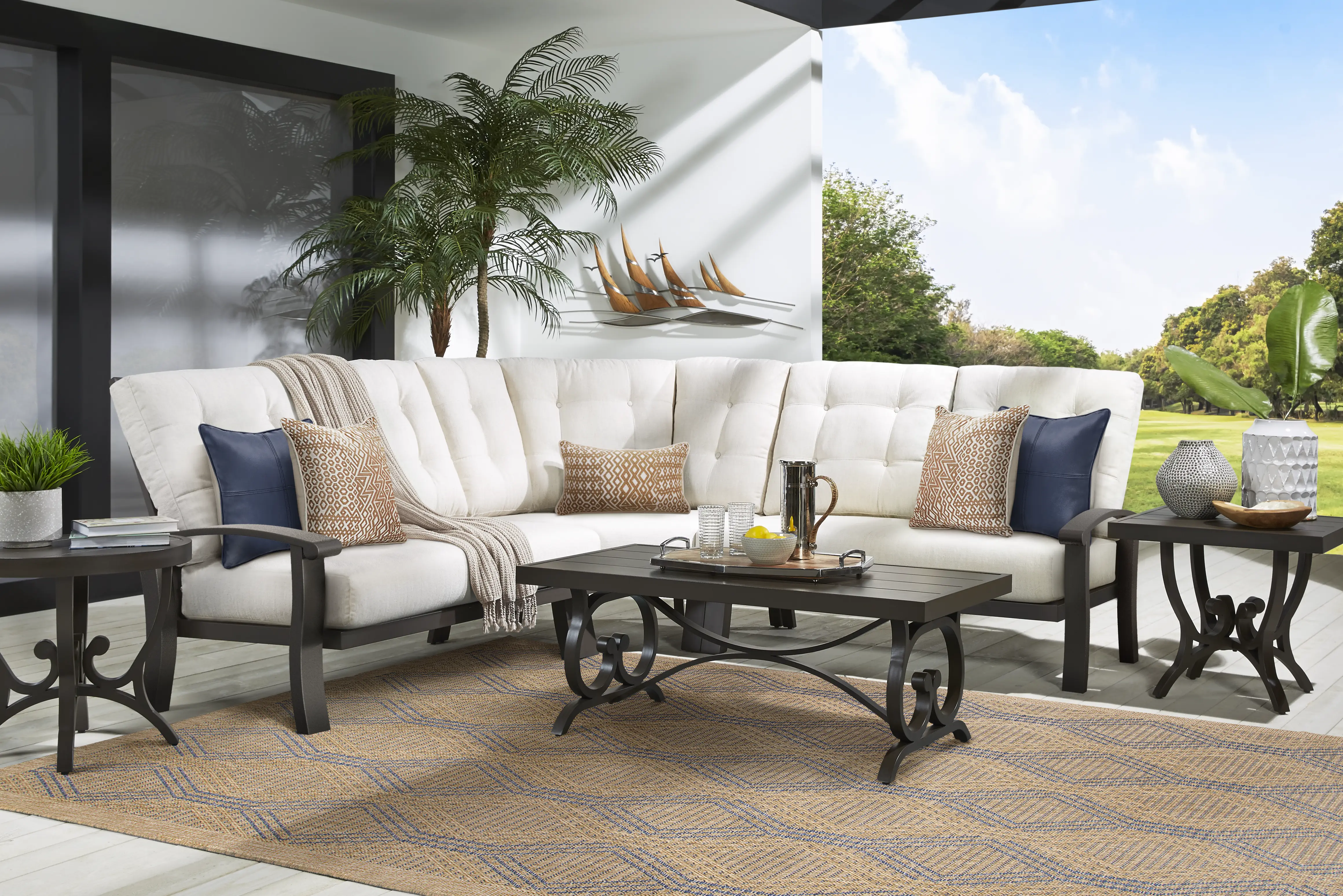 Lake Breeze Aged Bronze 3 Pc Outdoor Sectional with Parchment Cushions