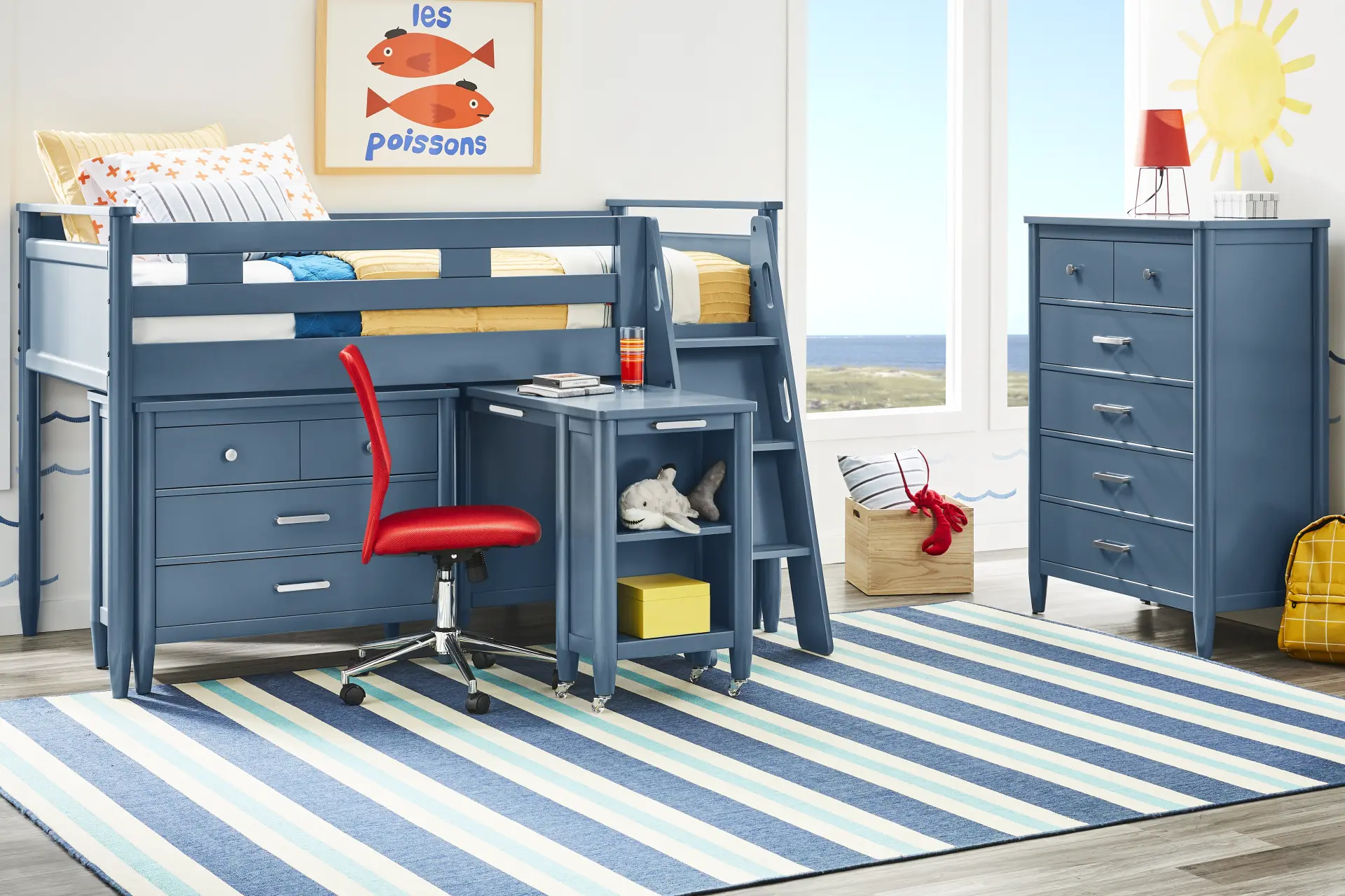 Kids Modern Colors Slate Blue Twin Loft with Loft Chest and Desk