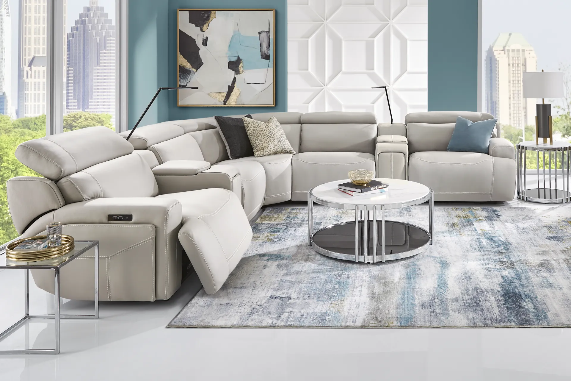 Alessio Light Gray Leather 7 Pc Dual Power Reclining Sectional - Image 1