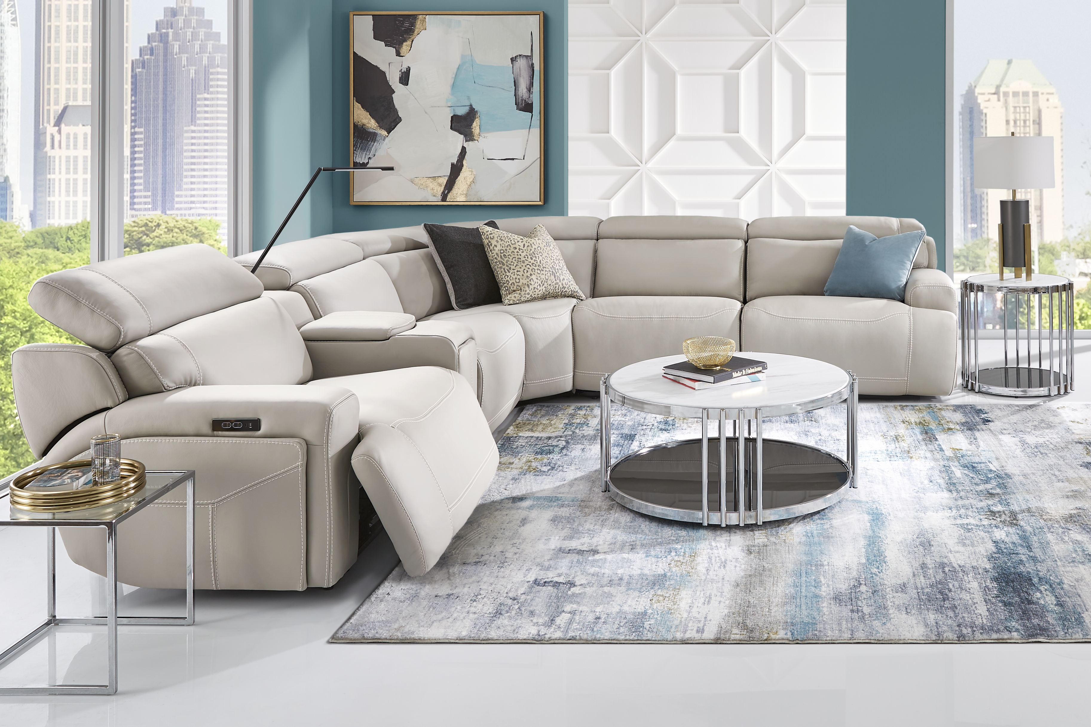 Alessio Light Gray Leather 6 Pc Dual Power Reclining Sectional