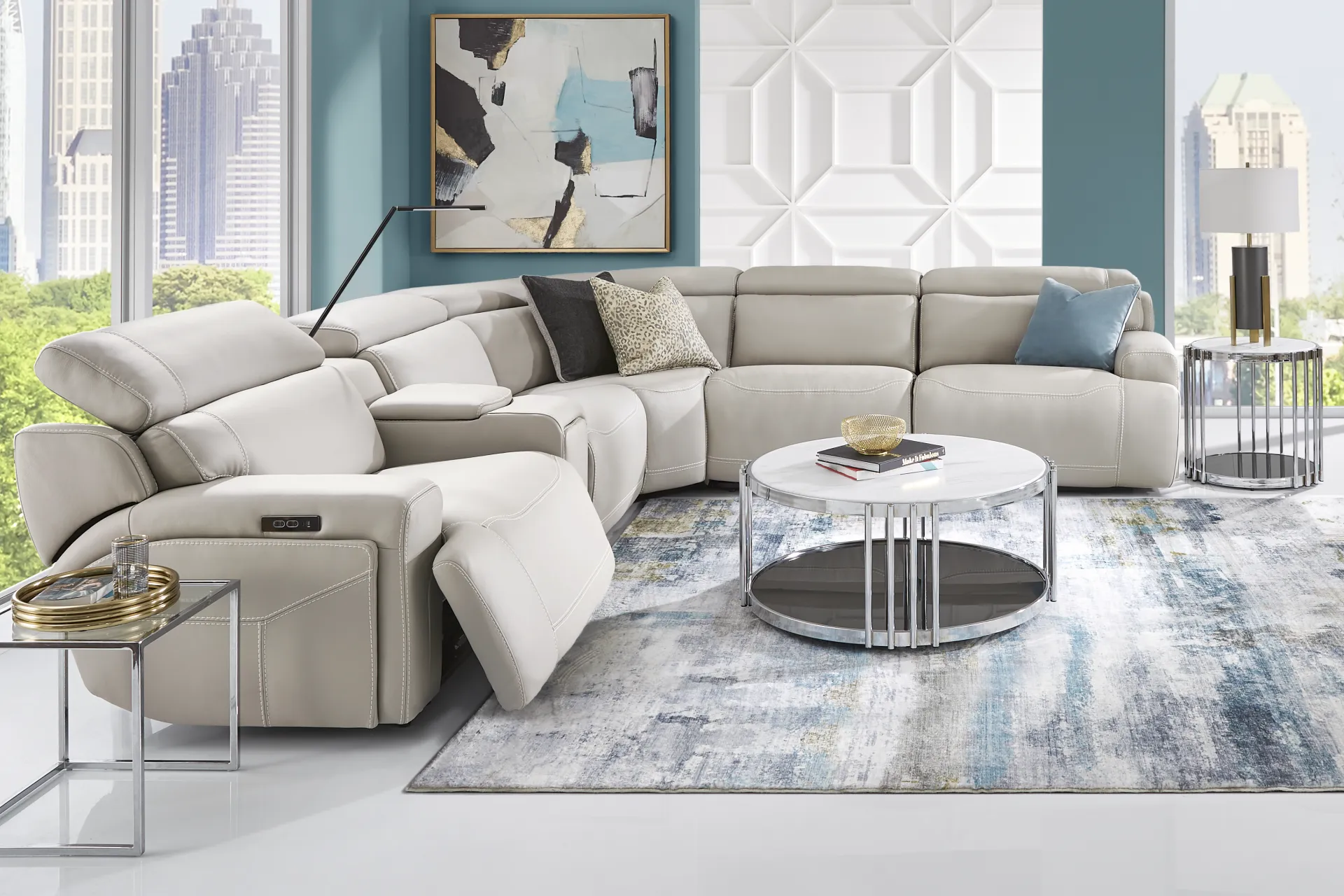 Alessio Light Gray Leather 6 Pc Dual Power Reclining Sectional - Image 1