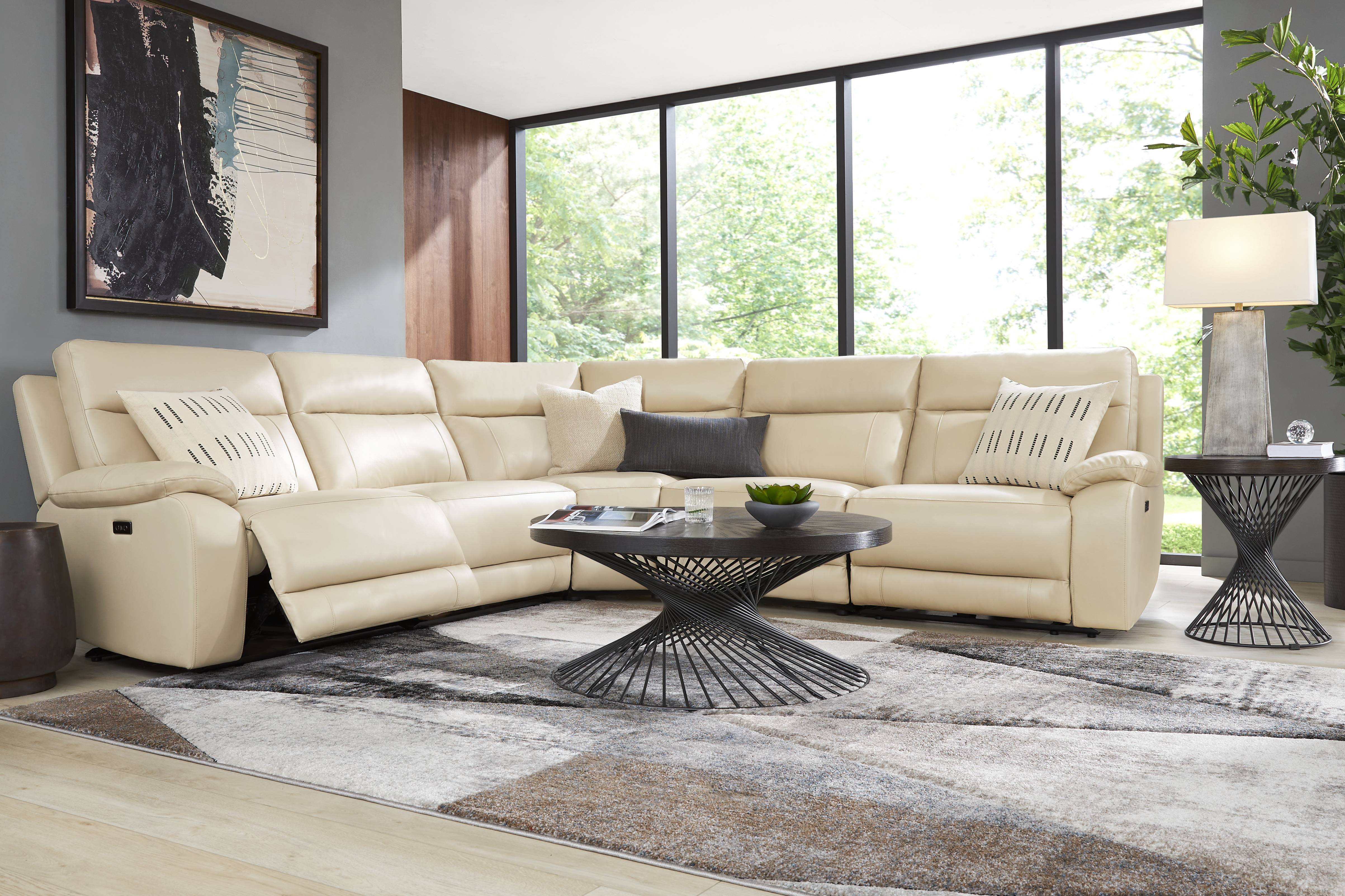 Delaney Point Beige Leather 5 Pc Power Reclining Sectional