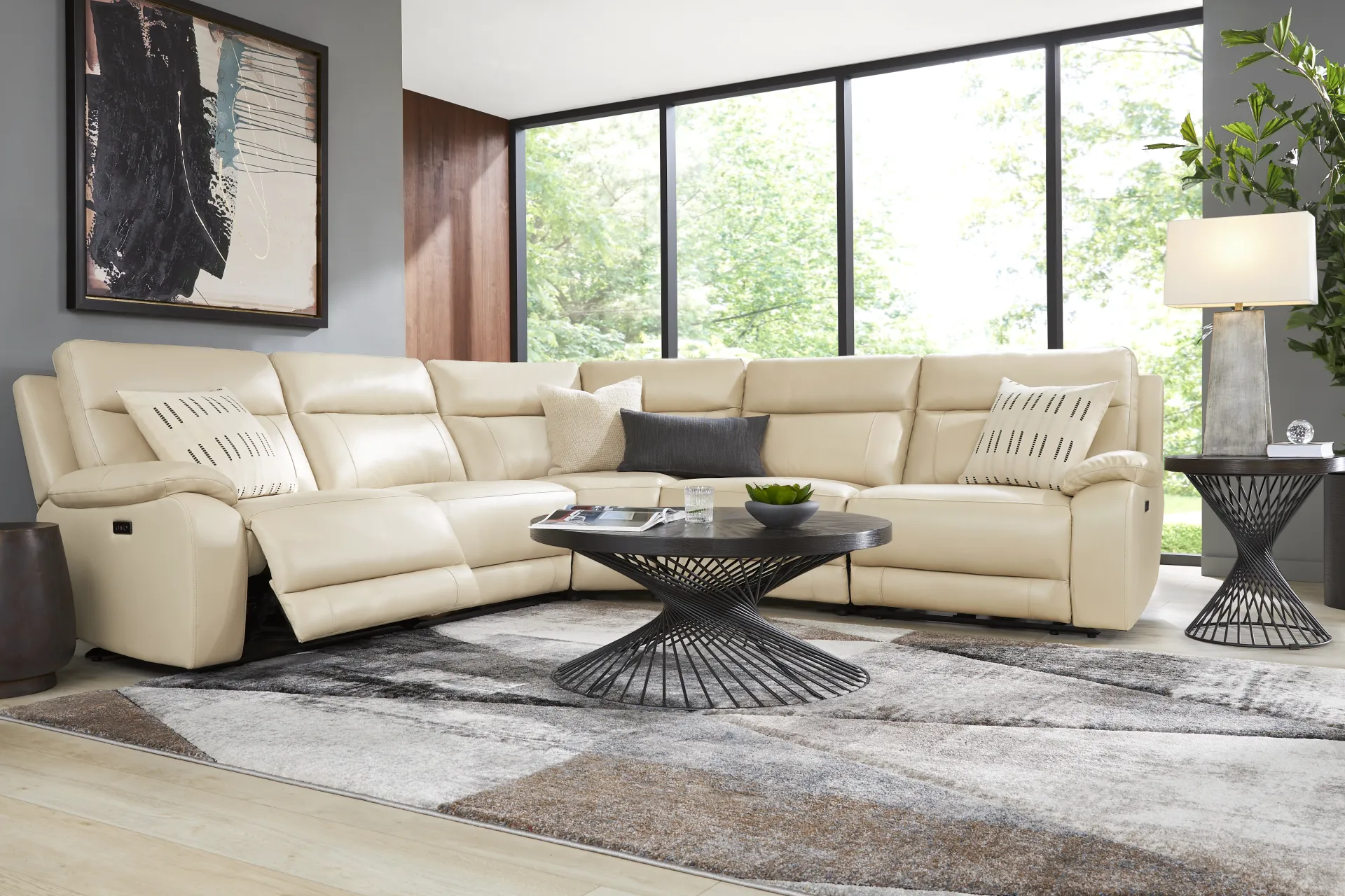 Delaney Point Beige Leather 5 Pc Power Reclining Sectional - Image 1