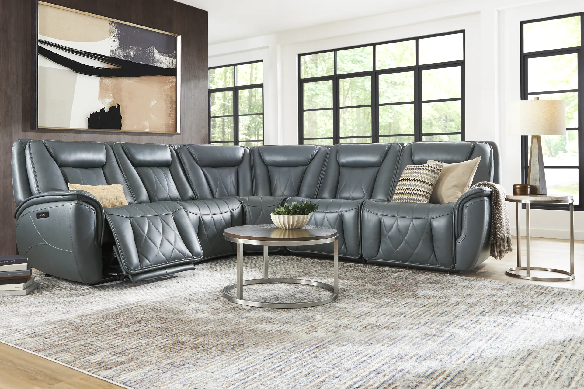 Dalton Blue Leather 5 Pc Triple Power Reclining Sectional - Image 1
