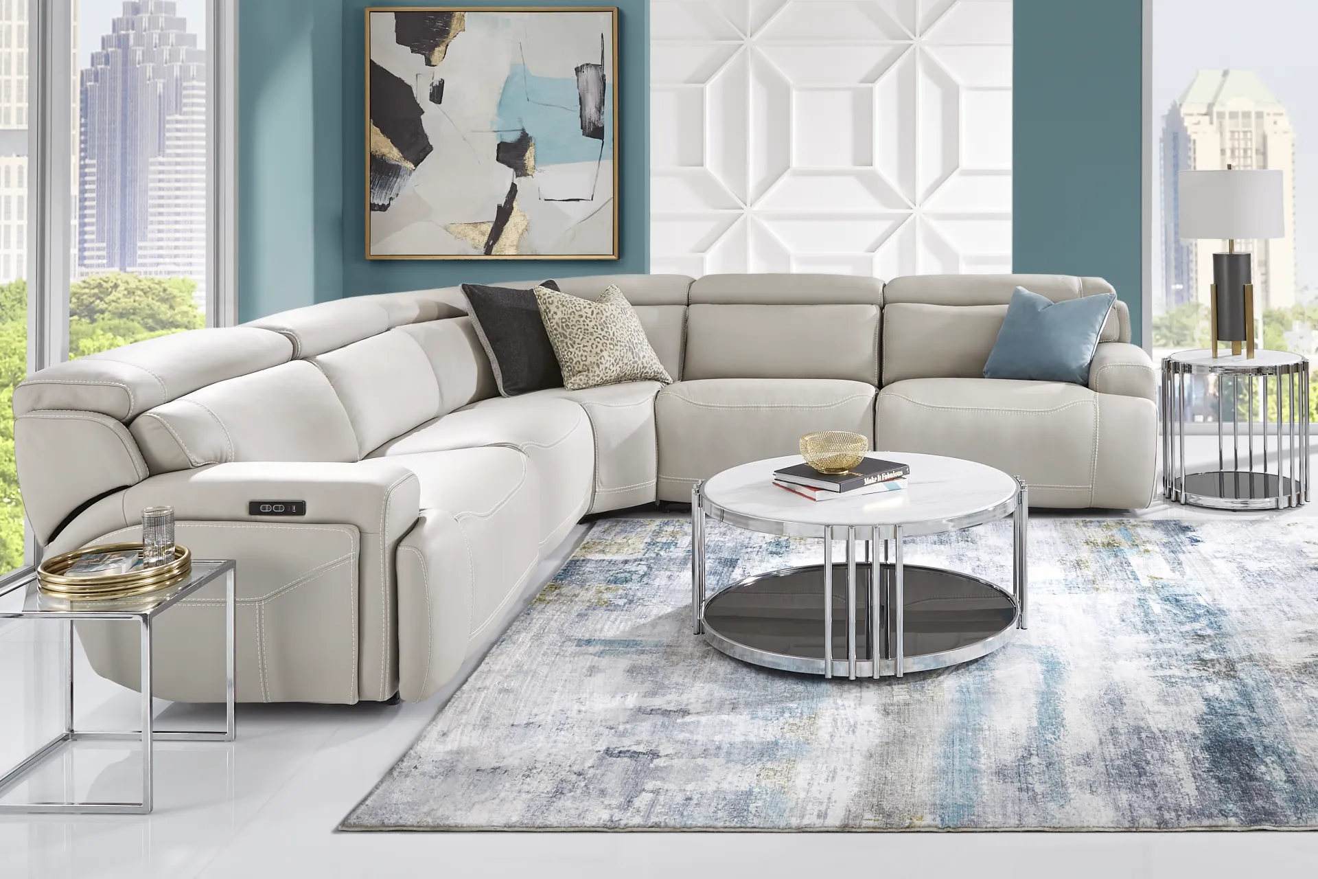 Alessio Light Gray Leather 5 Pc Dual Power Reclining Sectional - Image 1