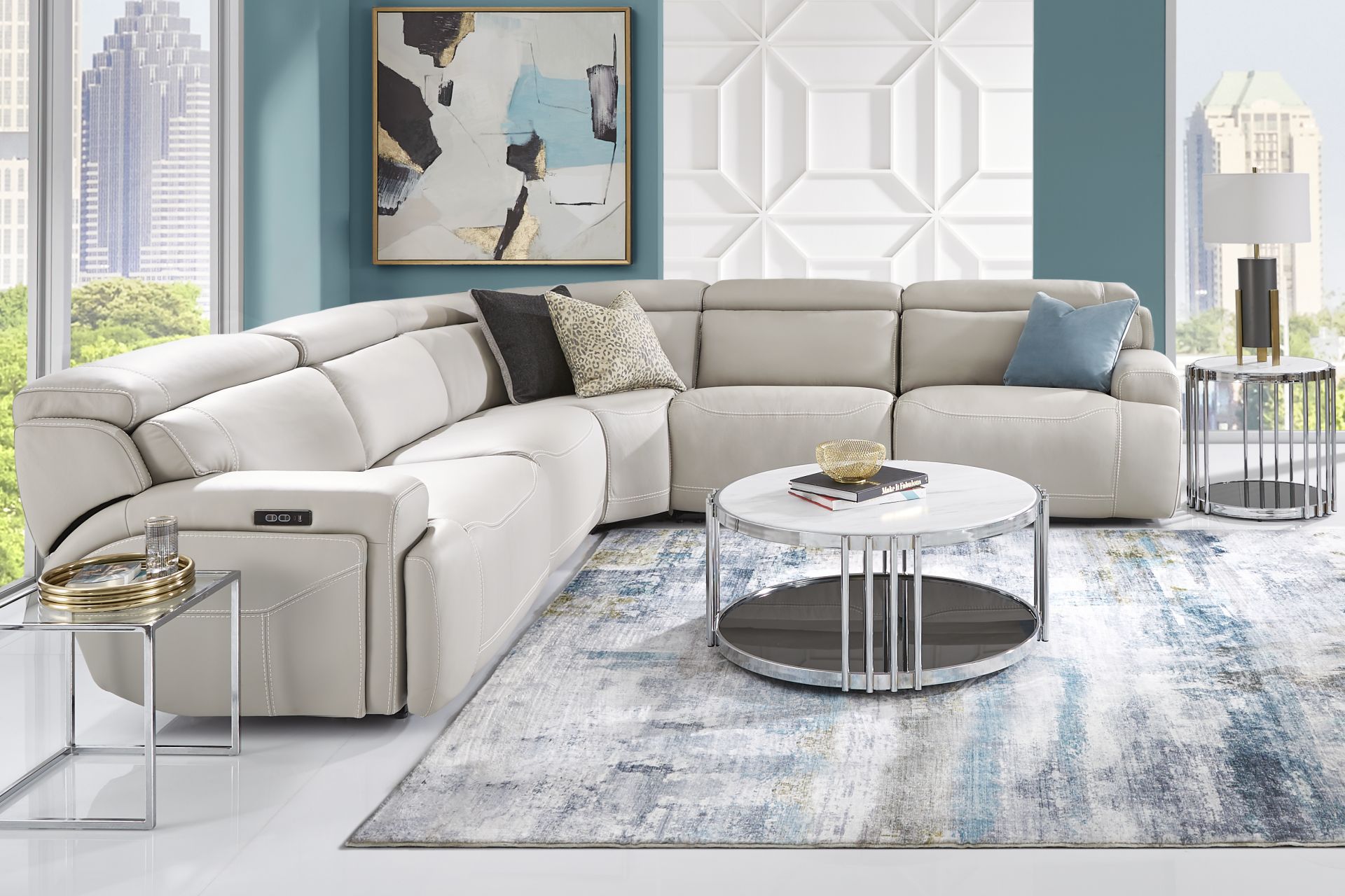 Alessio Light Gray Leather 5 Pc Dual Power Reclining Sectional - Image 2