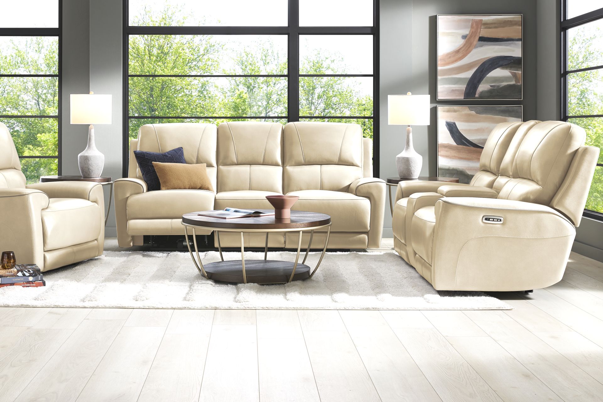 Fremont Almond Leather 5 Pc Dual Power Reclining Living Room - Image 1