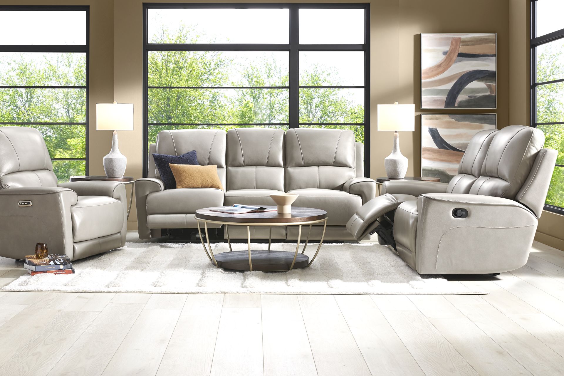 Fremont Gray Leather 8 Pc Living Room with Dual Power Reclining Sofa - Image 1