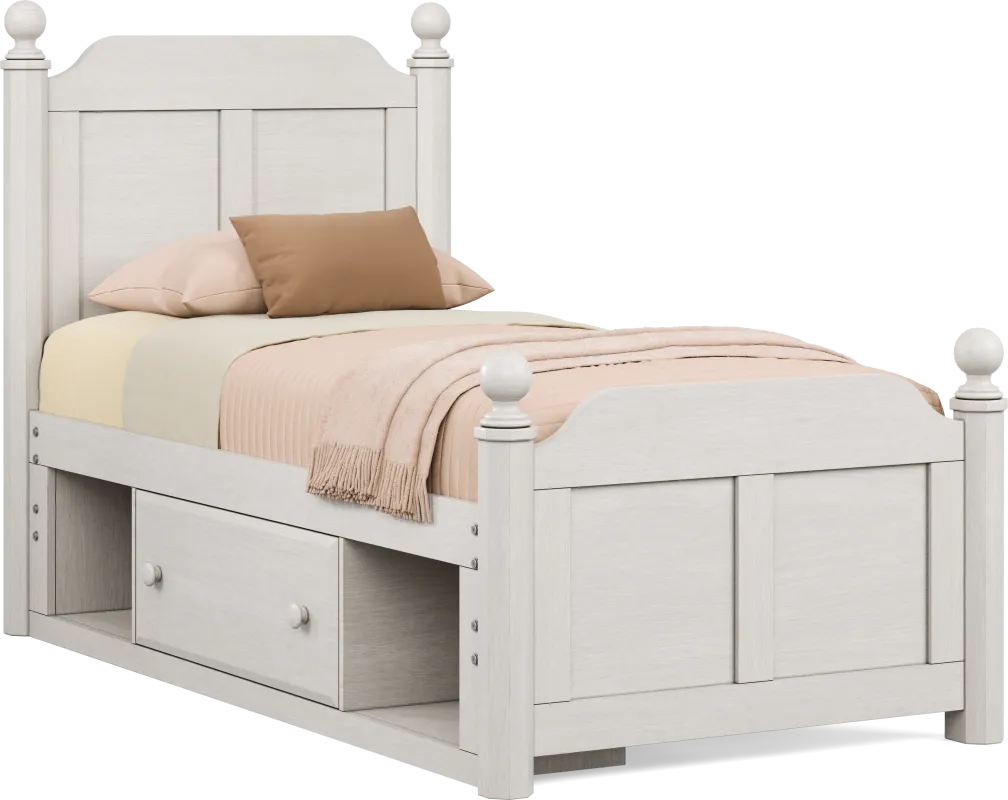 Kids South Bend Washed White Twin Poster Bed with Storage Side Rail