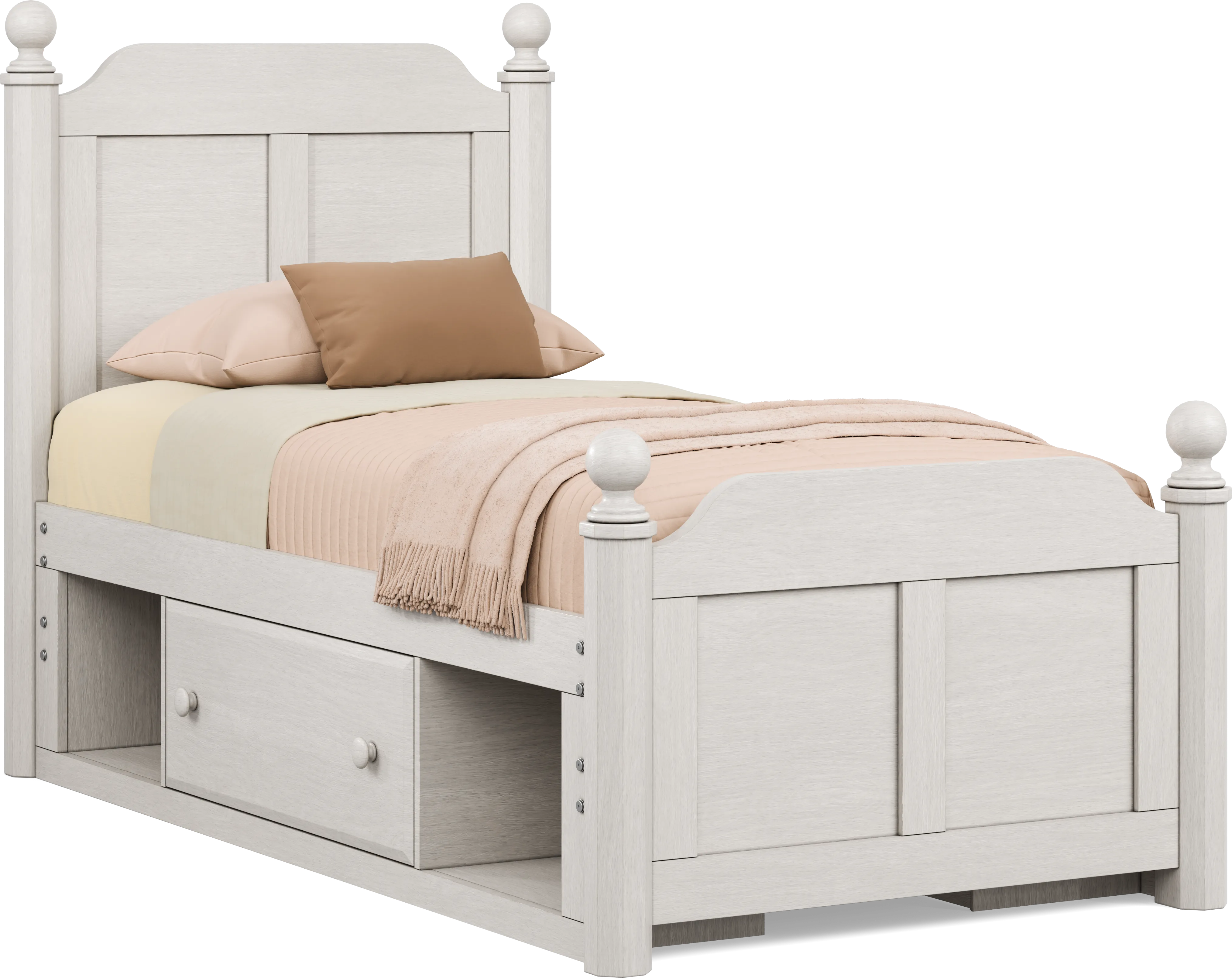 Kids South Bend Washed White Twin Poster Bed with 2 Storage Side Rails - Thumbnail - Image 1