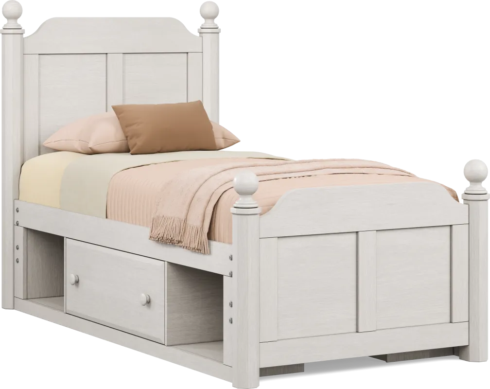 Kids South Bend Washed White Twin Poster Bed with 2 Storage Side Rails