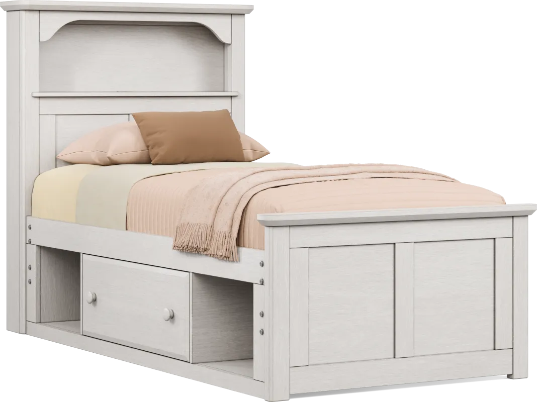 Kids South Bend Washed White Twin Bookcase Bed with Storage Side Rail