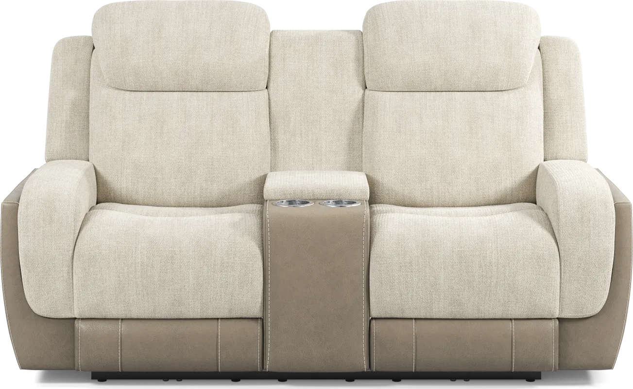 State Street Beige Dual Power Reclining Console Loveseat