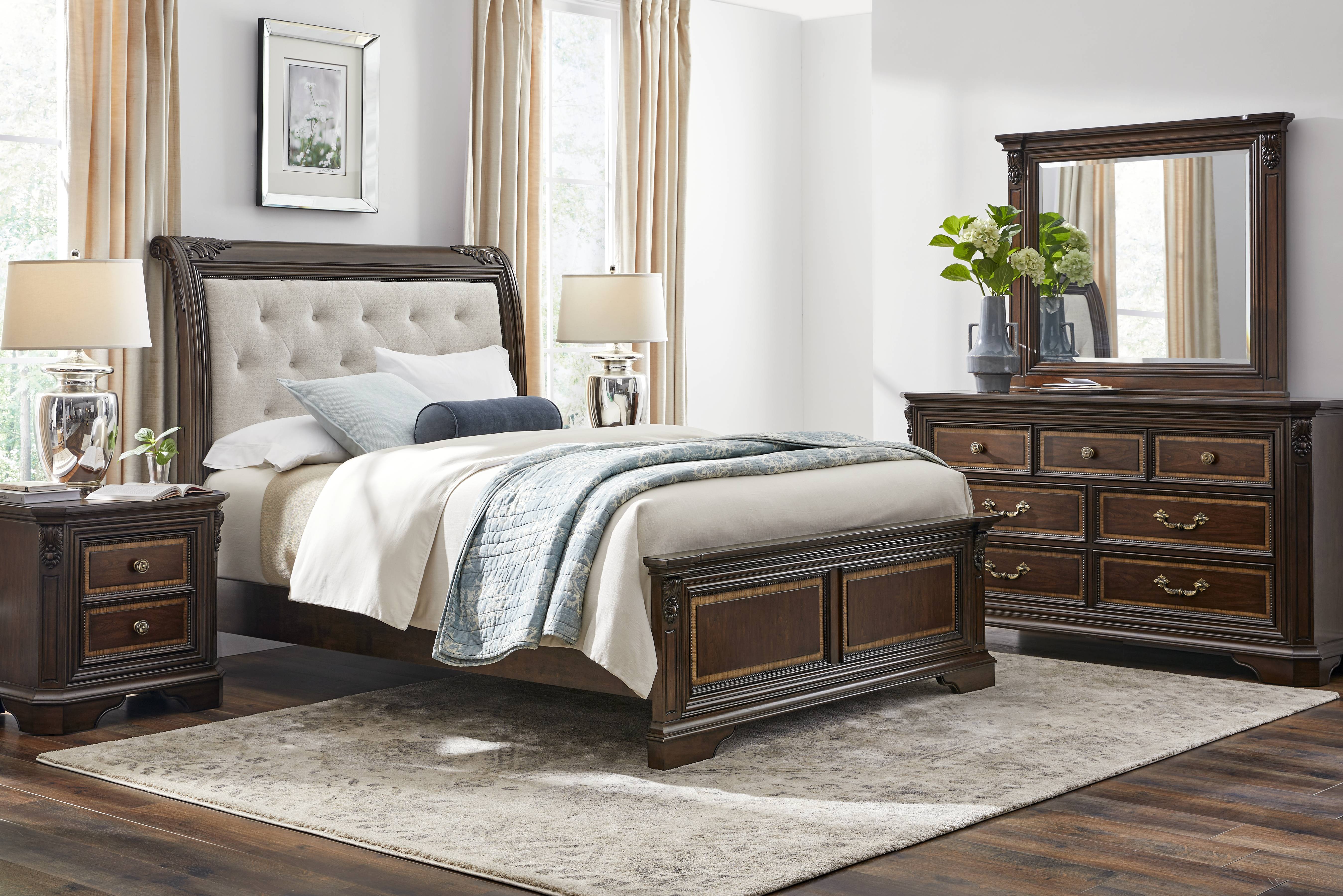 Fuller Brown Cherry Finish 3 Pc King Upholstered Sleigh Bed - Thumbnail - Image 2