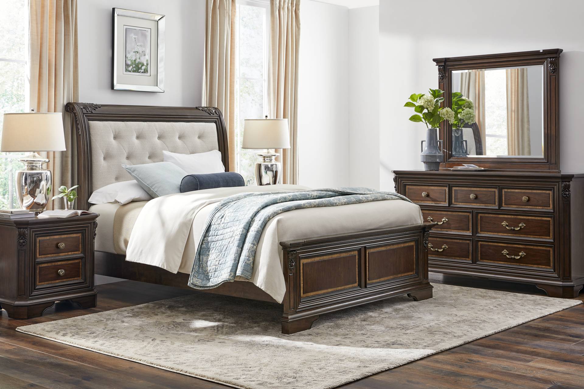 Fuller Brown Cherry Finish 5 Pc Queen Upholstered Sleigh Bedroom full room