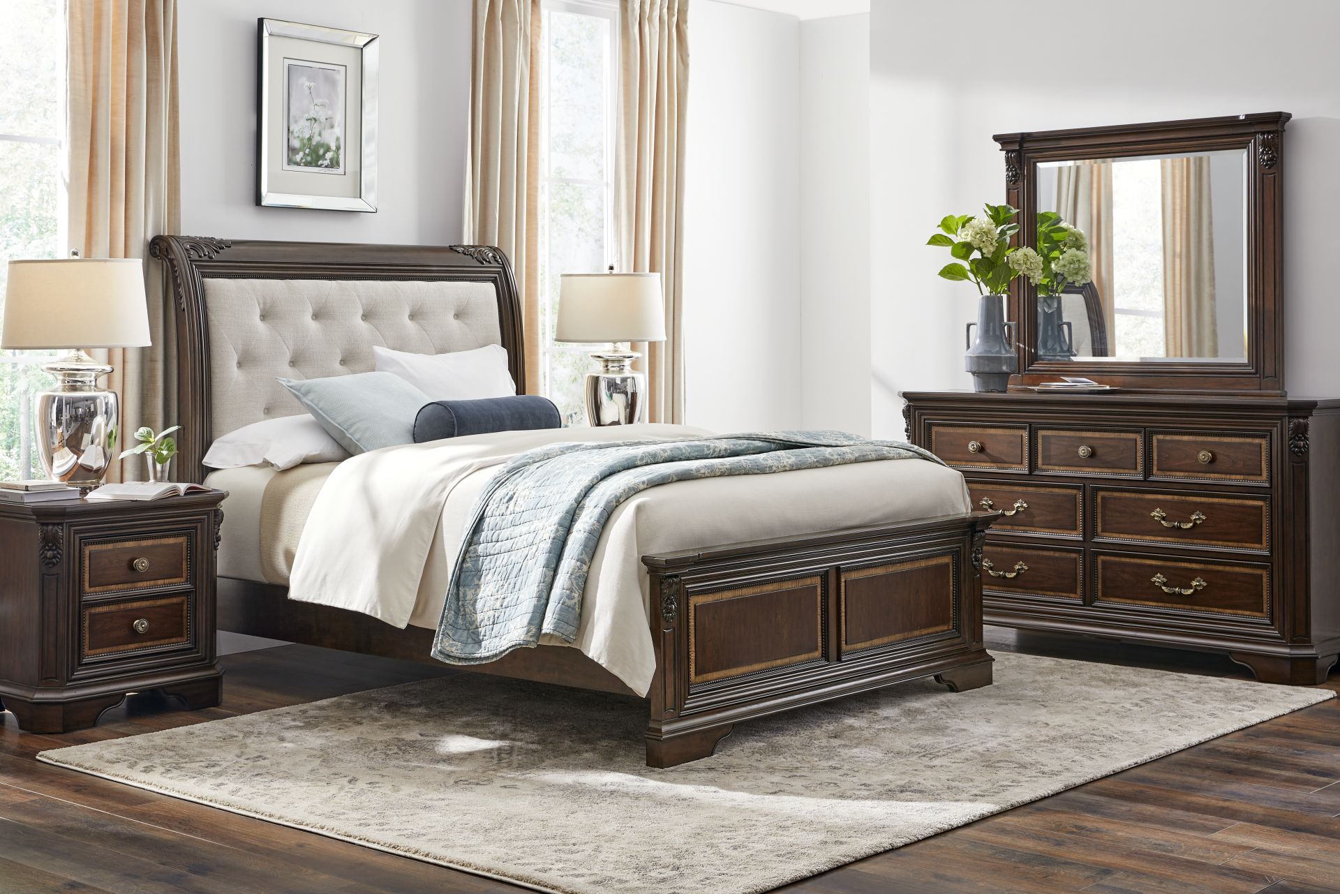 Fuller Brown Cherry Finish 3 Pc Queen Upholstered Sleigh Bed - Image 2