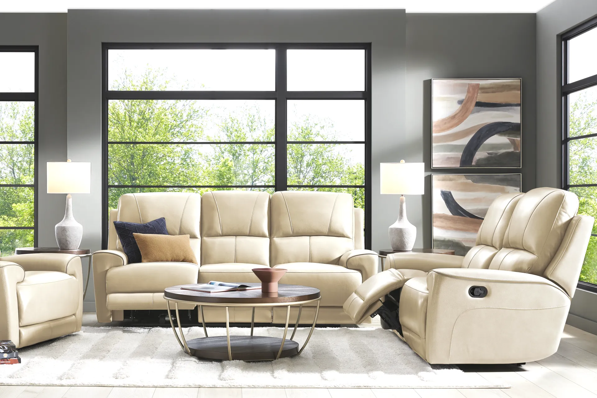Fremont Almond Leather Dual Power Reclining Sofa - Image 1