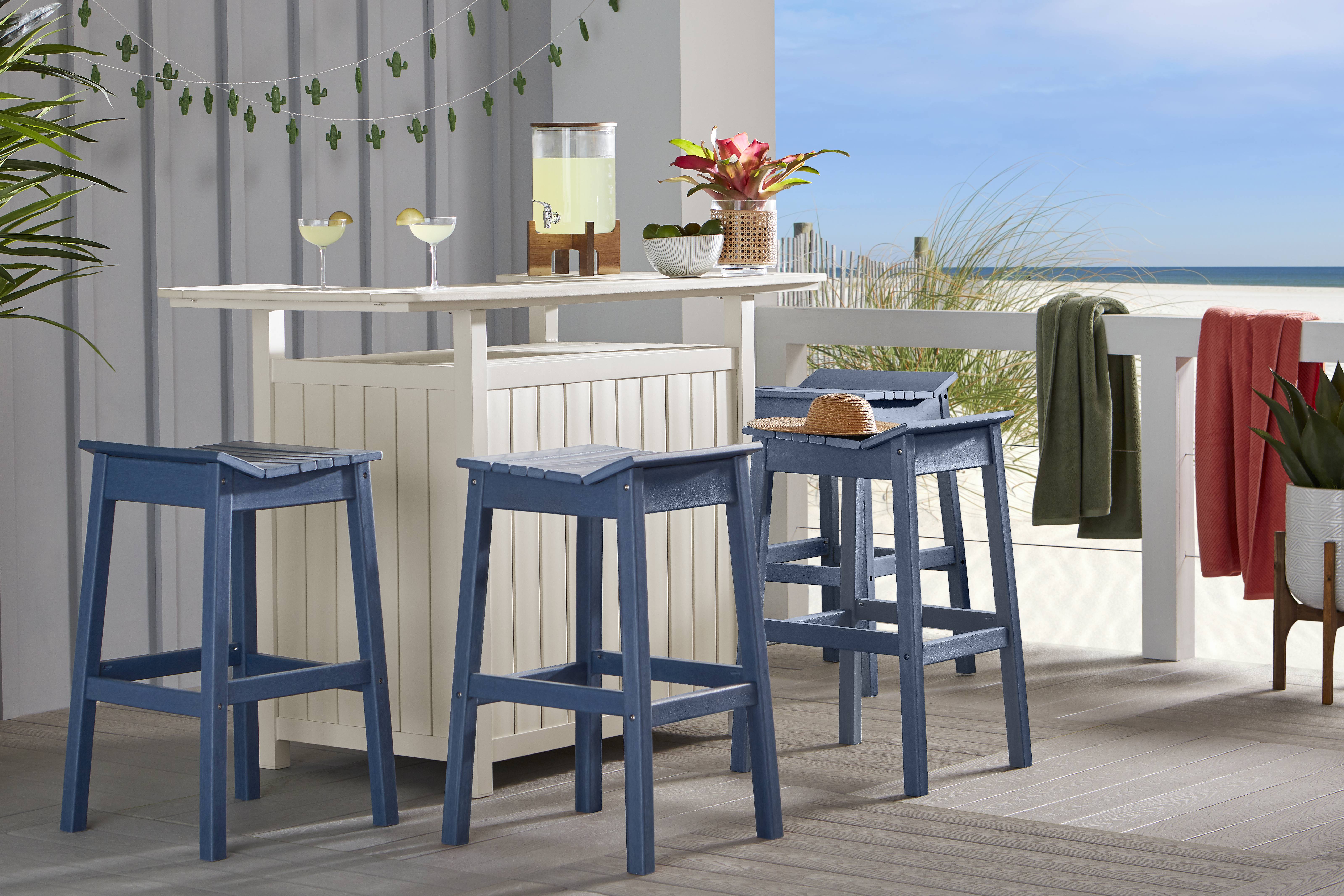 Addy White 5 Pc Outdoor Bar Dining Room with Navy Barstools - Thumbnail - Image 1