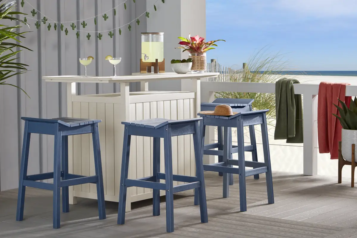 Addy White 5 Pc Outdoor Bar Dining Room with Navy Barstools