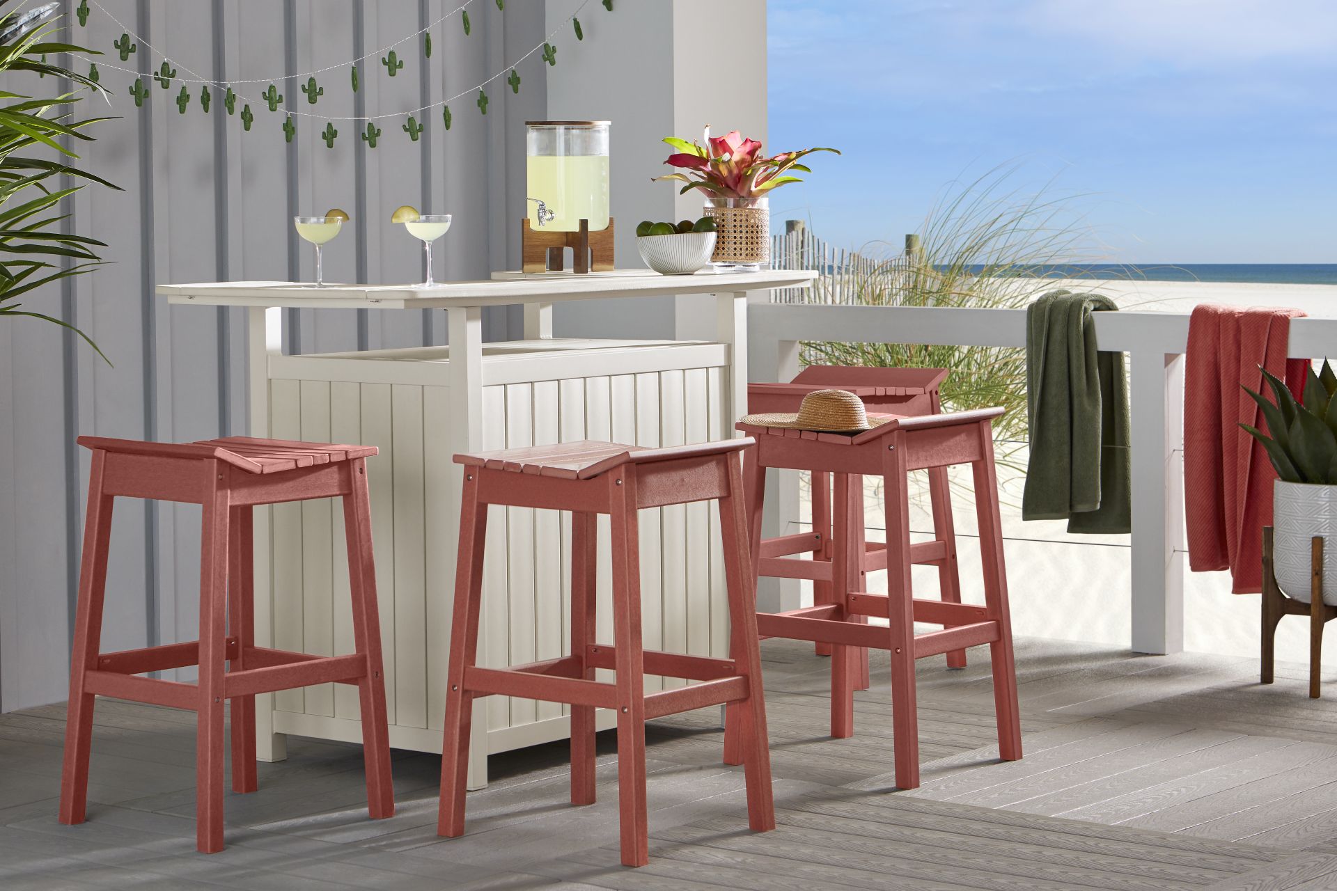 Addy White 5 Pc Outdoor Bar Dining Room with Red Barstools - Image 1