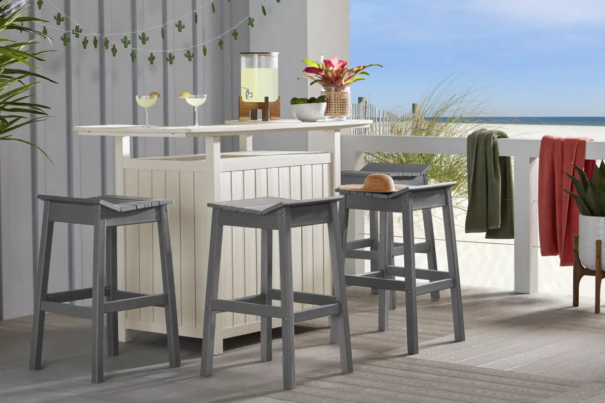 Addy White 5 Pc Outdoor Bar Dining Room with Gray Barstools