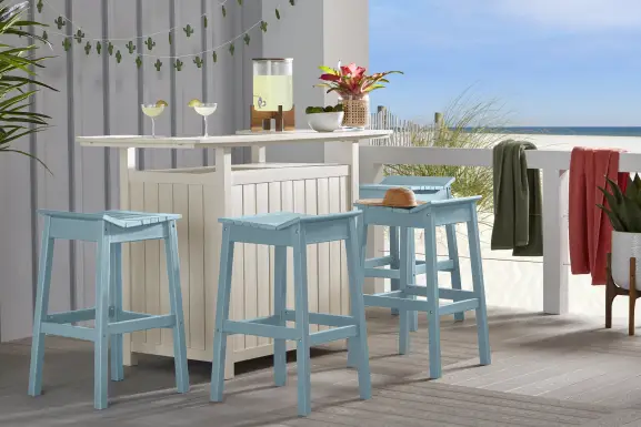 Addy White 5 Pc Outdoor Bar Dining Room with Sky Barstools