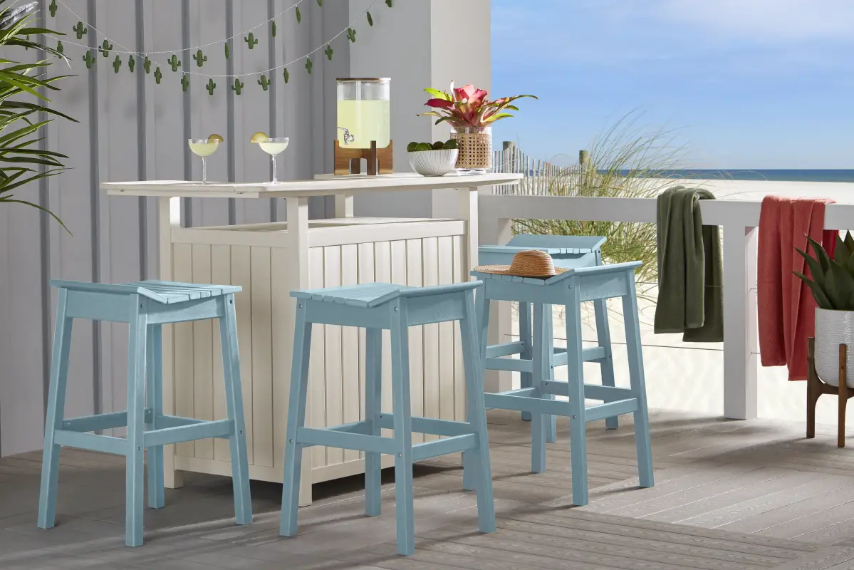 Addy White 5 Pc Outdoor Bar Dining Room with Sky Barstools