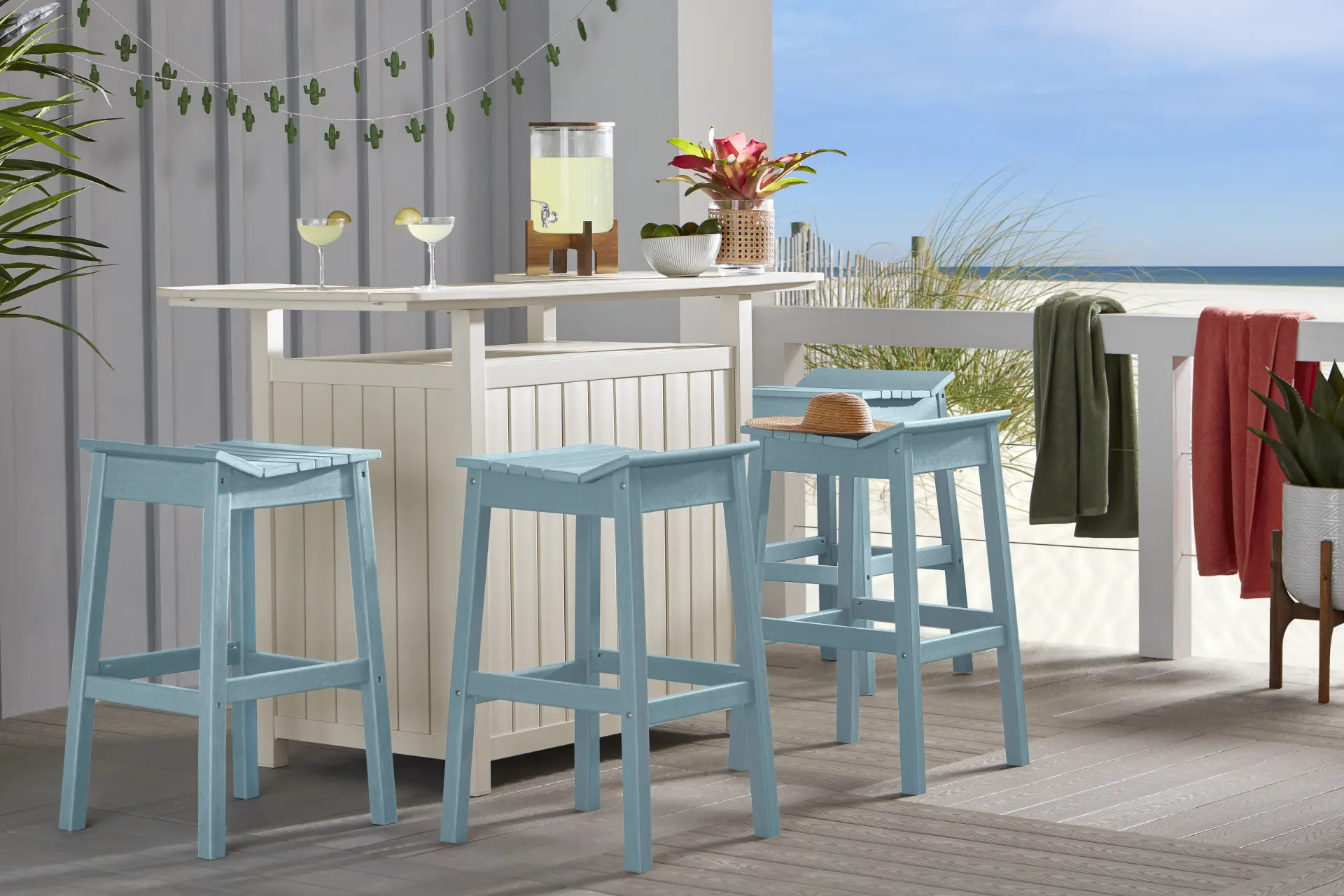 Addy White 5 Pc Outdoor Bar Dining Room with Sky Barstools