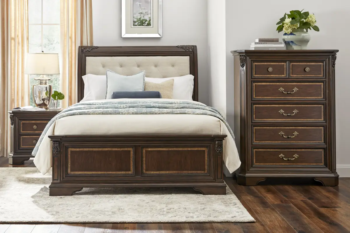 Fuller Brown Cherry Finish 5 Pc Queen Upholstered Sleigh Bedroom
