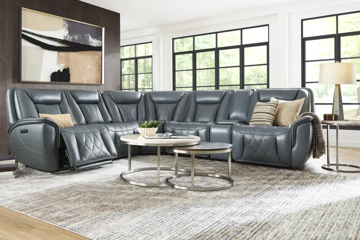 Dalton Blue Leather 6 Pc Triple Power Reclining Sectional